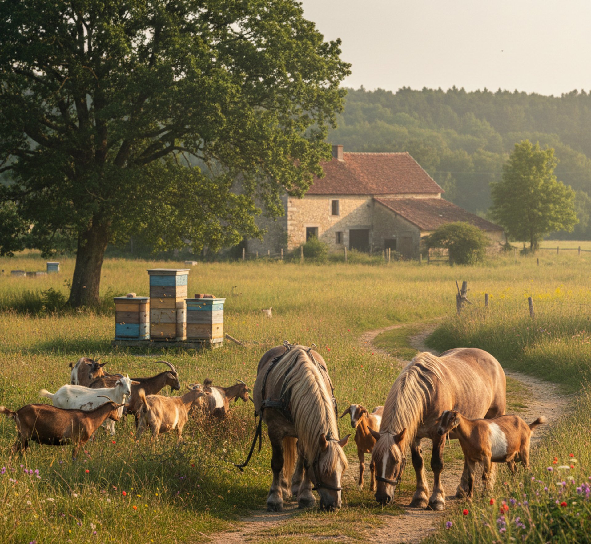 Chevaux, chèvres et ruches