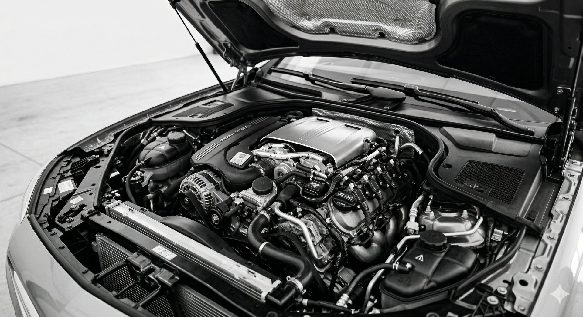 a car engine with a black hood