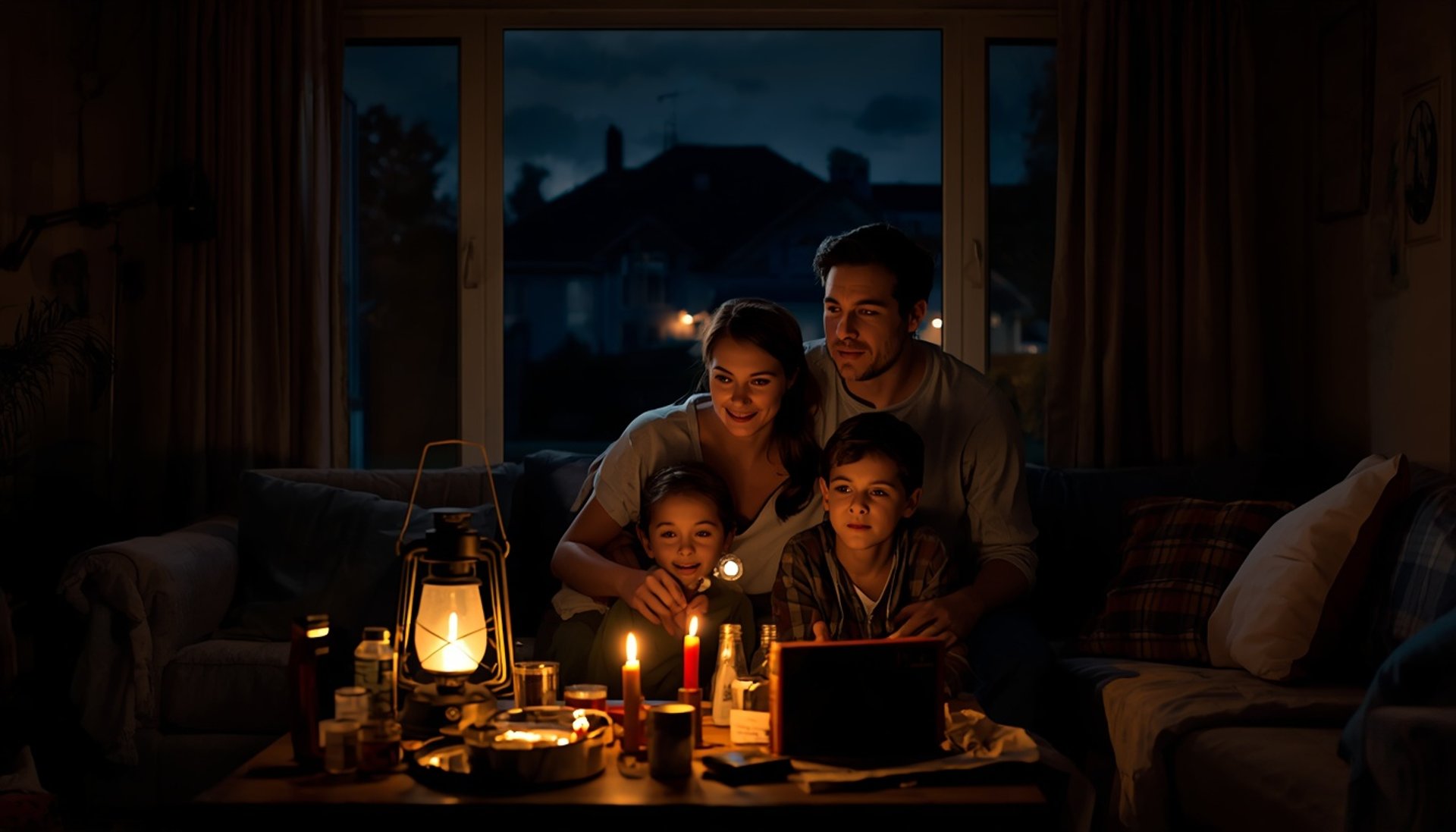 A family home during a blackout with lantern light showing preparedness for living without electricity.