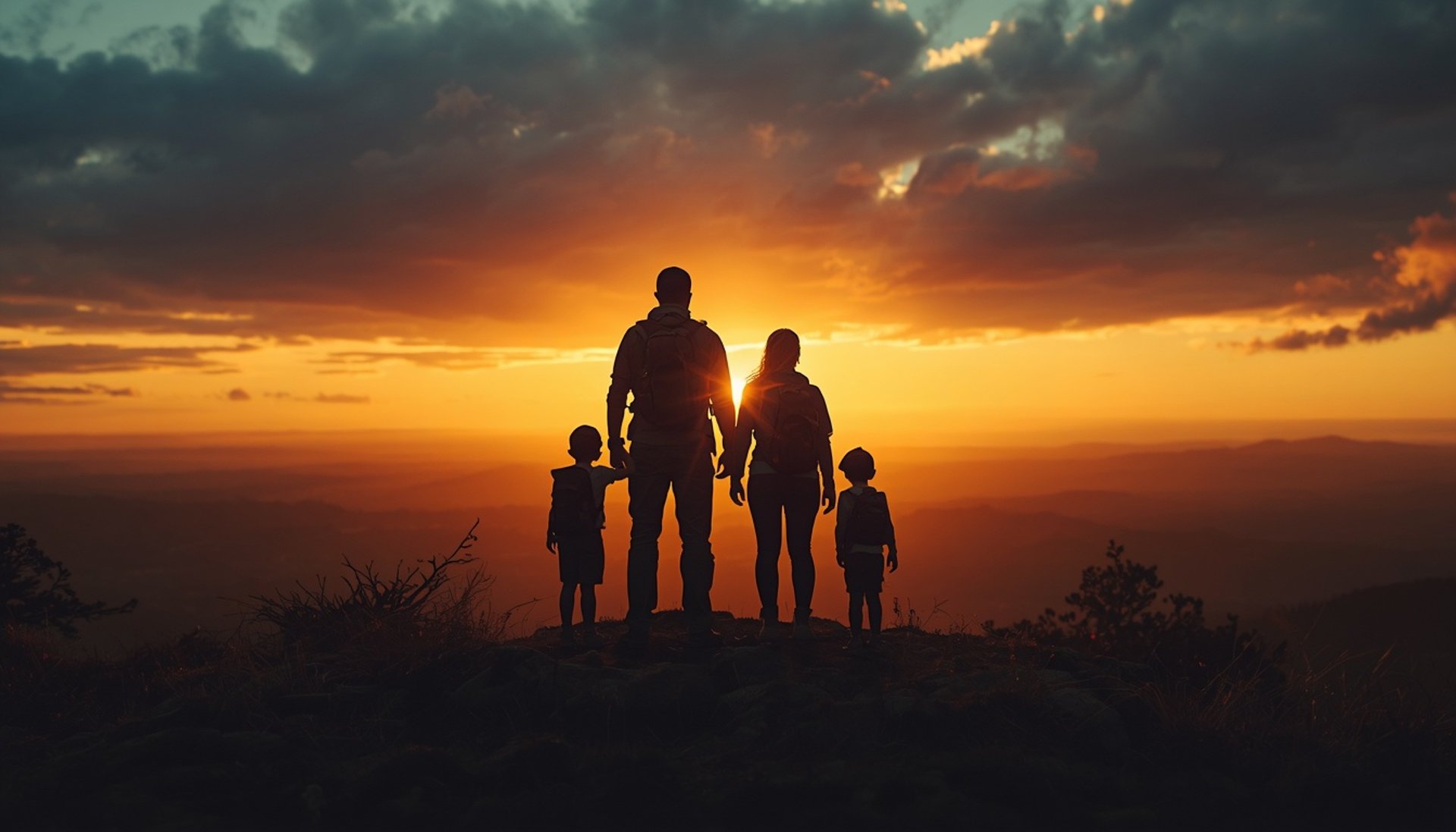 Family silhouette standing on a hill at sunrise, symbolizing hope, resilience, and emergency preparedness