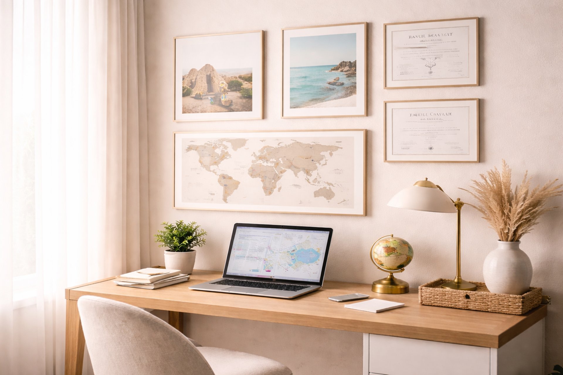 Escritorio con lap top para trabajar desde casa con cuadros y diplomas de viaje de fondo