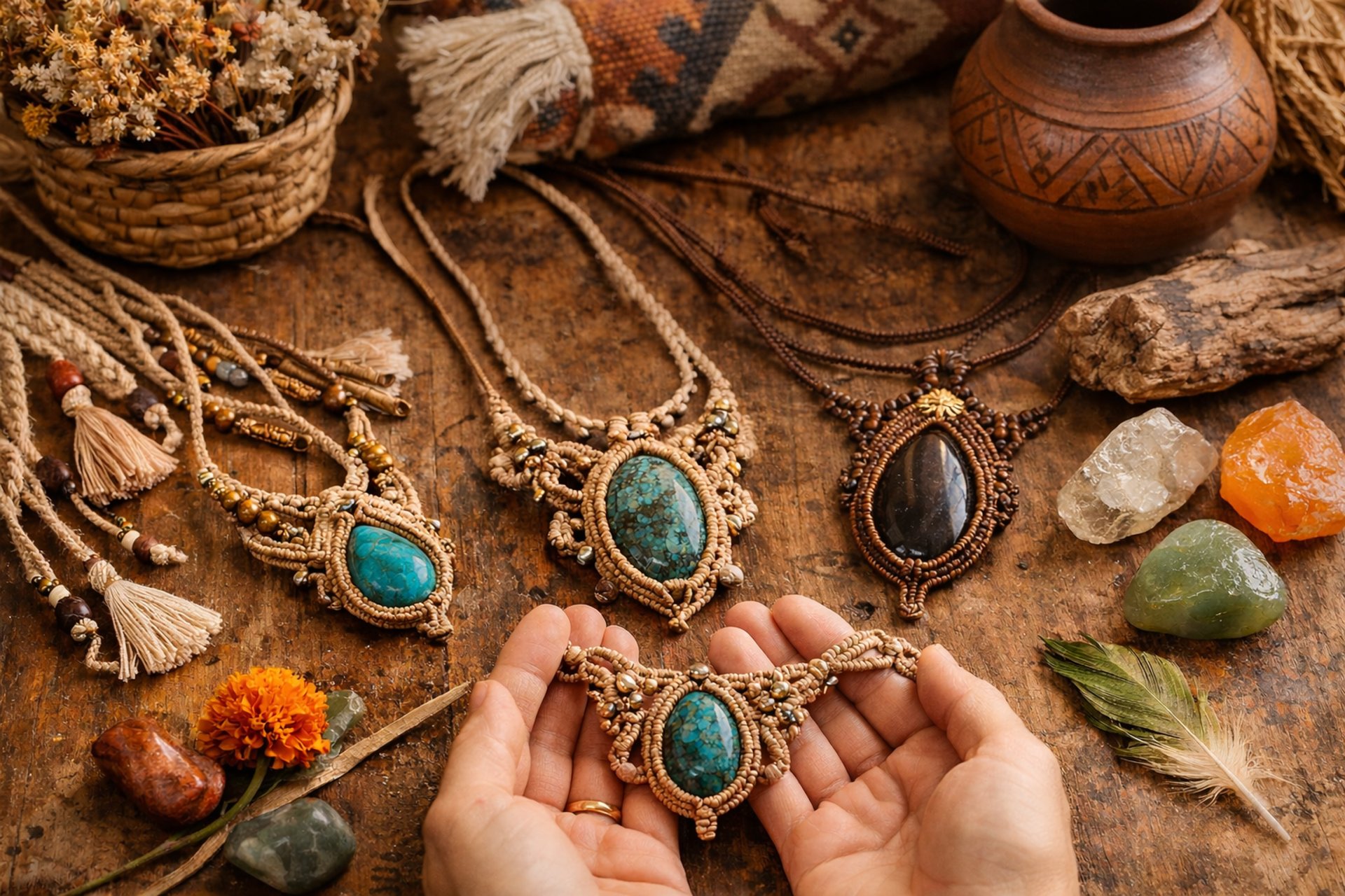 collares de macrame, echos con piedra de tigre con piedras de roca