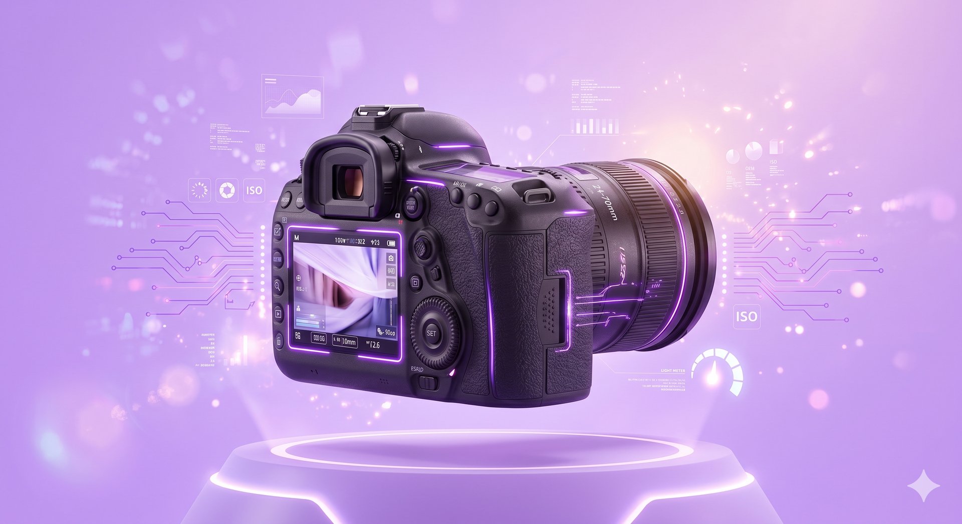Camera with dice and phone screen on purple background.
