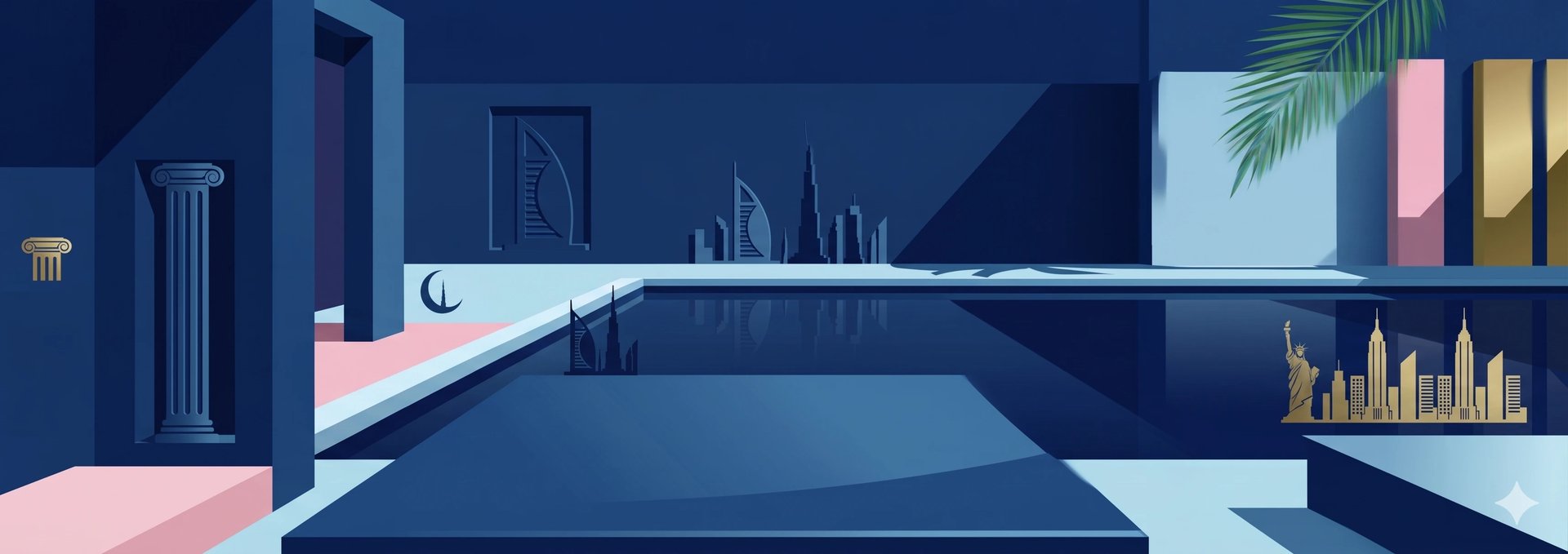 Minimalist vector banner illustrating Dubai and NYC city skylines, symbolizing luxury global travel and modern architecture.