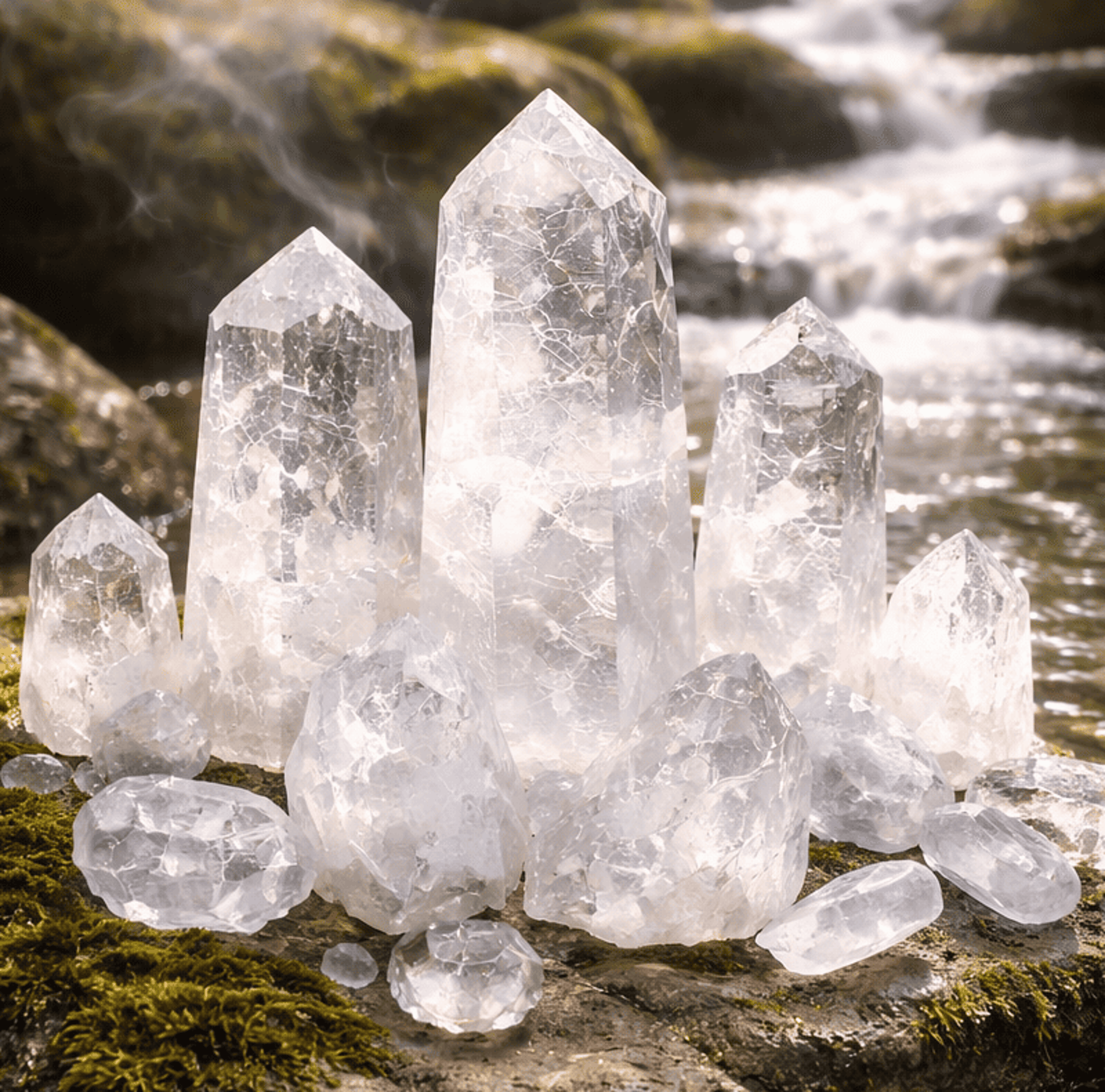 Torres y cristales en cuarzo transparente