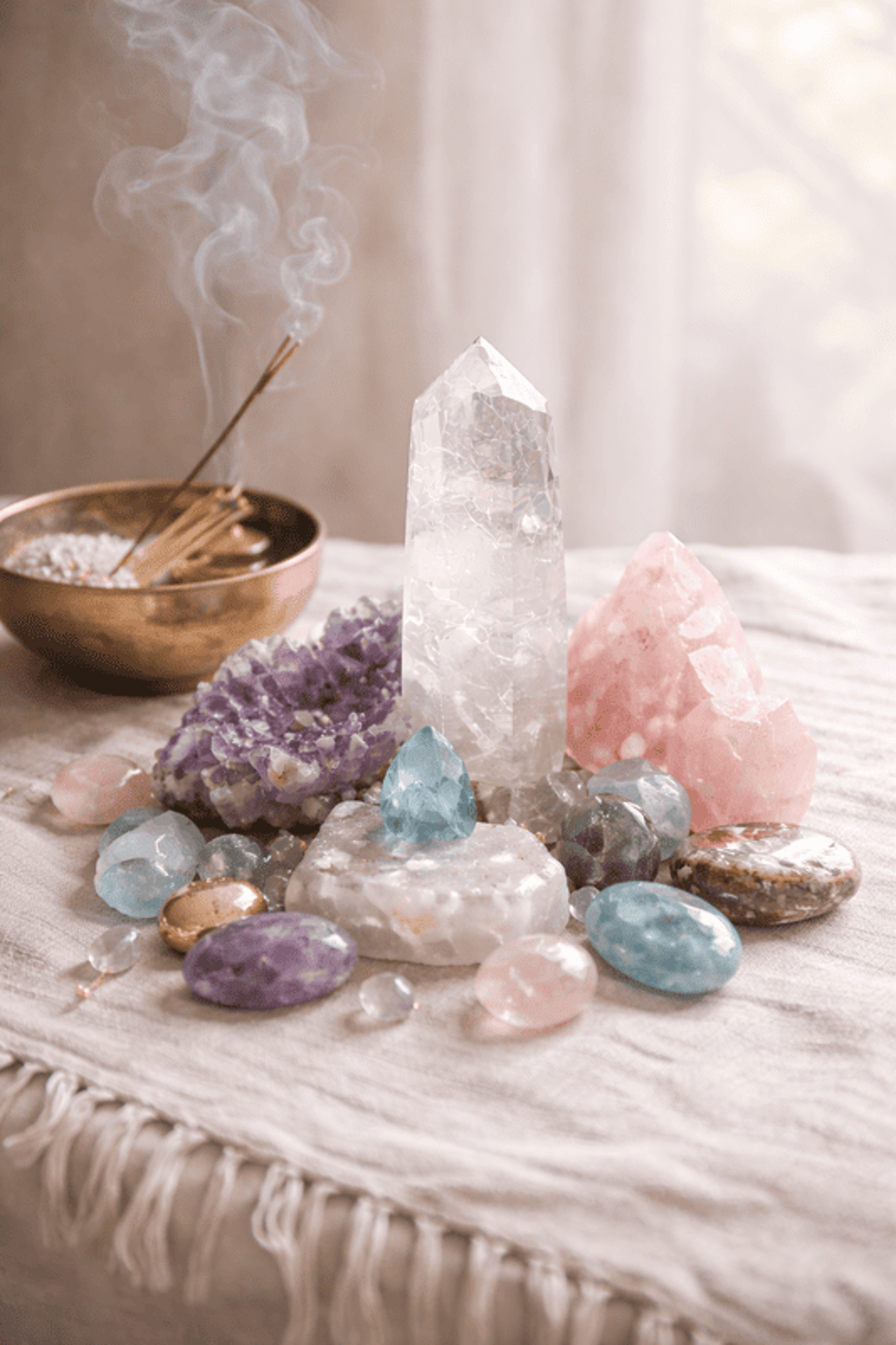 cristales energéticos sobre una mesa junto al incienso