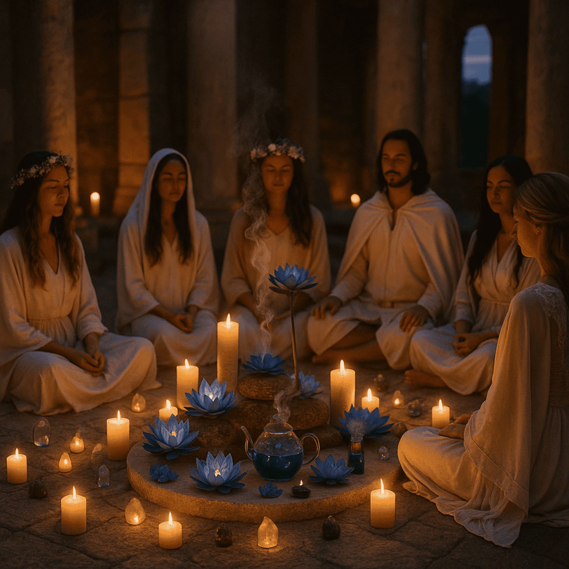 Grupo de sacerdotisas y guardianes meditando junto al blue lotus