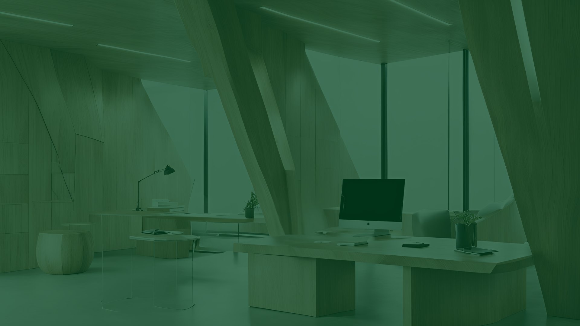 a room with a desk and two chairs