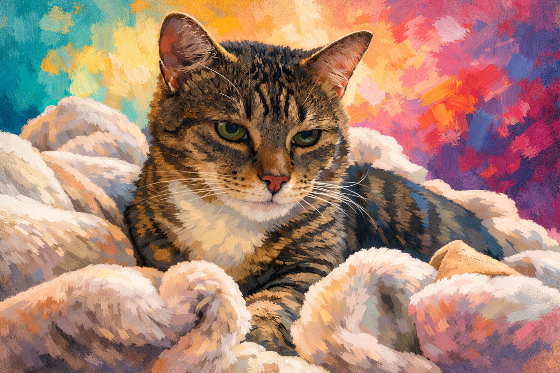 an orange cat laying on top of a pile of green leaves