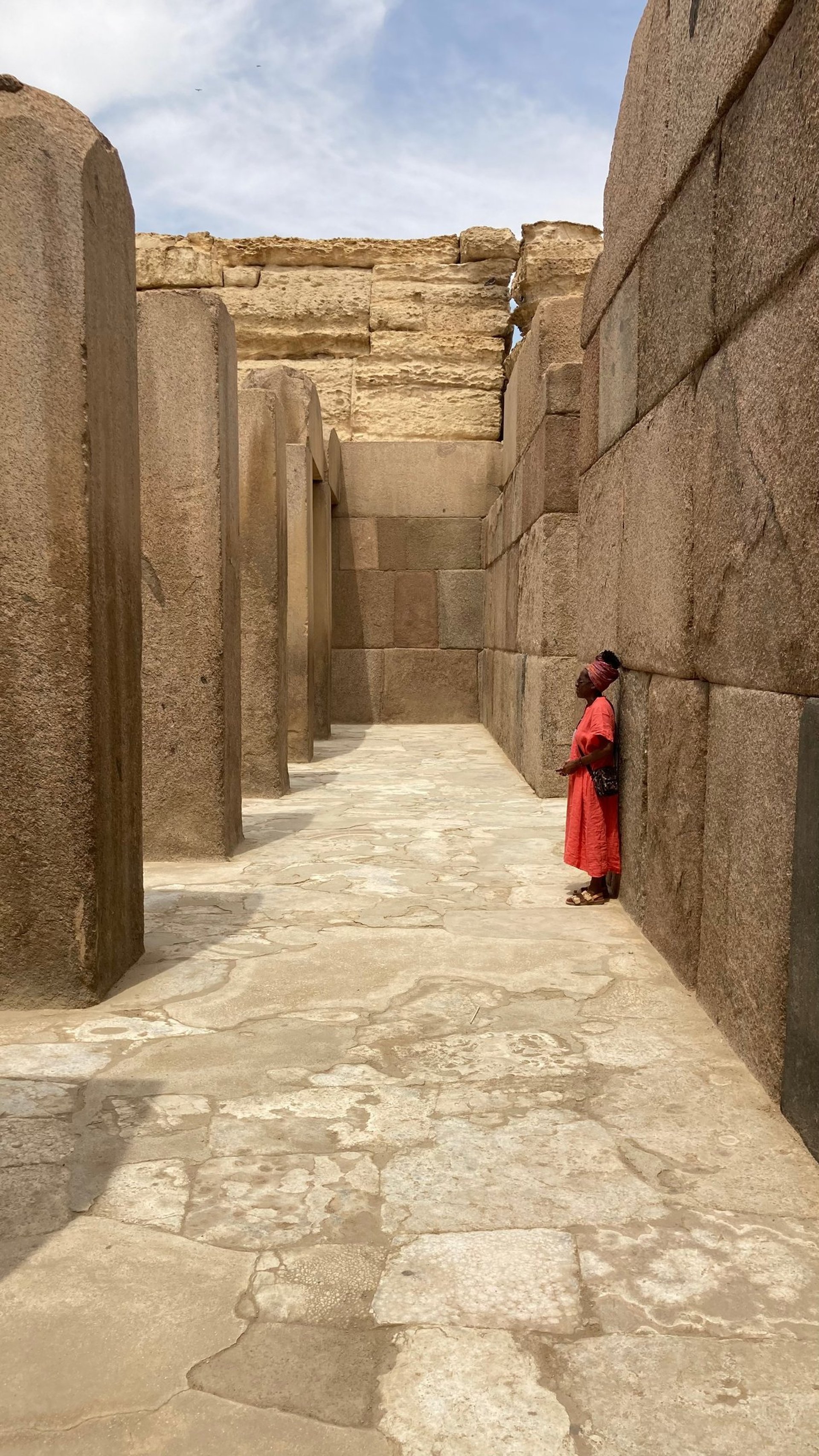 Bo meditating in the Valley Temple, Giza just near the Sphinx in Egypt