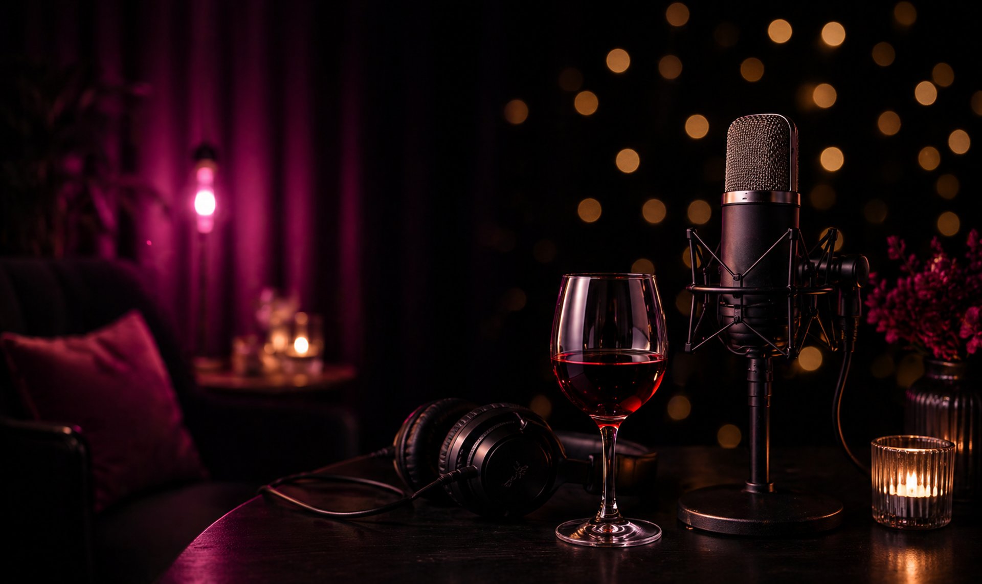 W.I.N.O.S. podcast hero with microphone and glass of wine