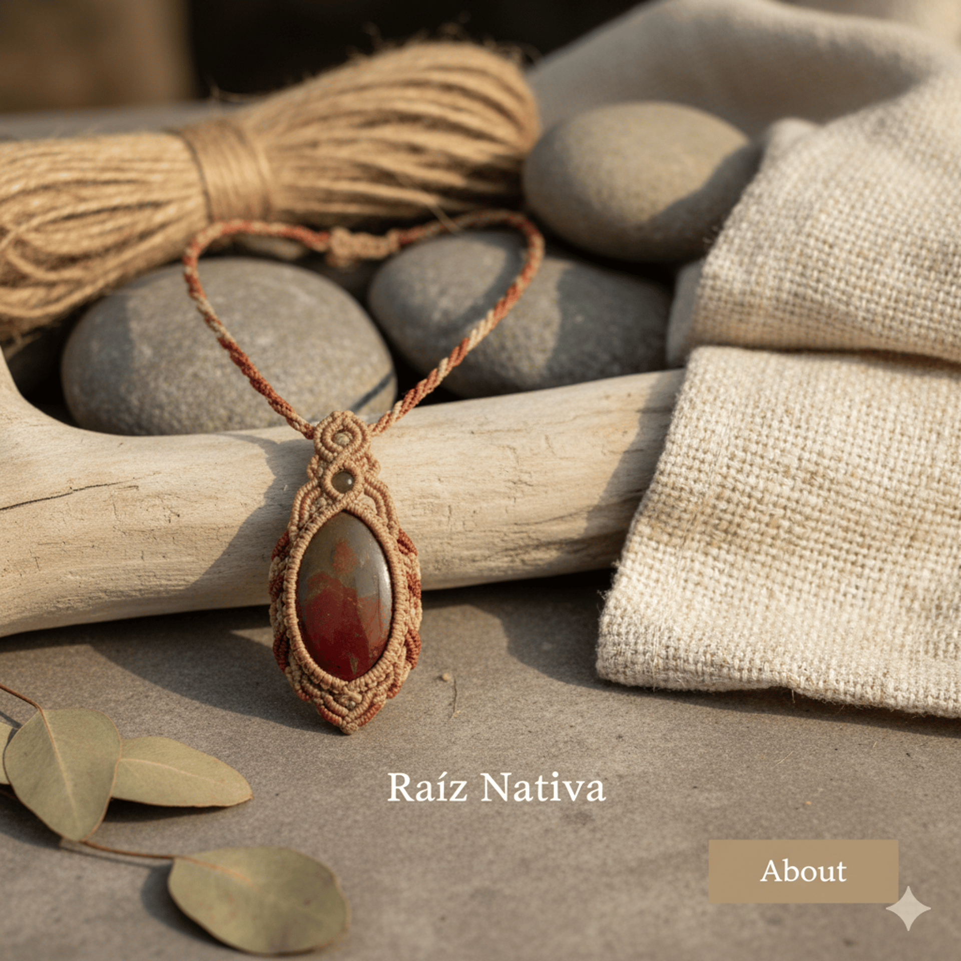 Piedra café única, tejida a mano en macramé, con textura natural y esencia artesanal.