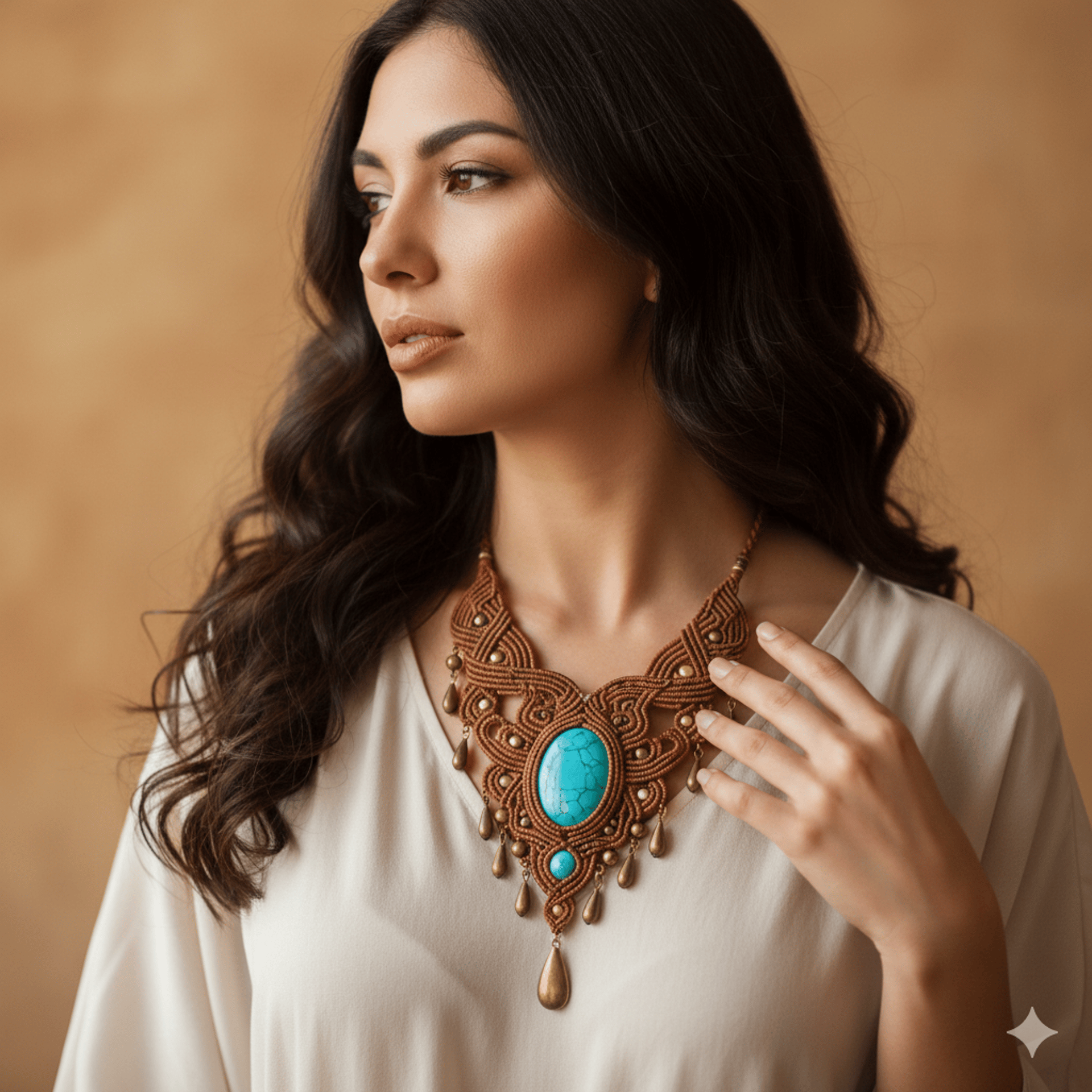 Mujer joven modelando un colla turquesa de macrame