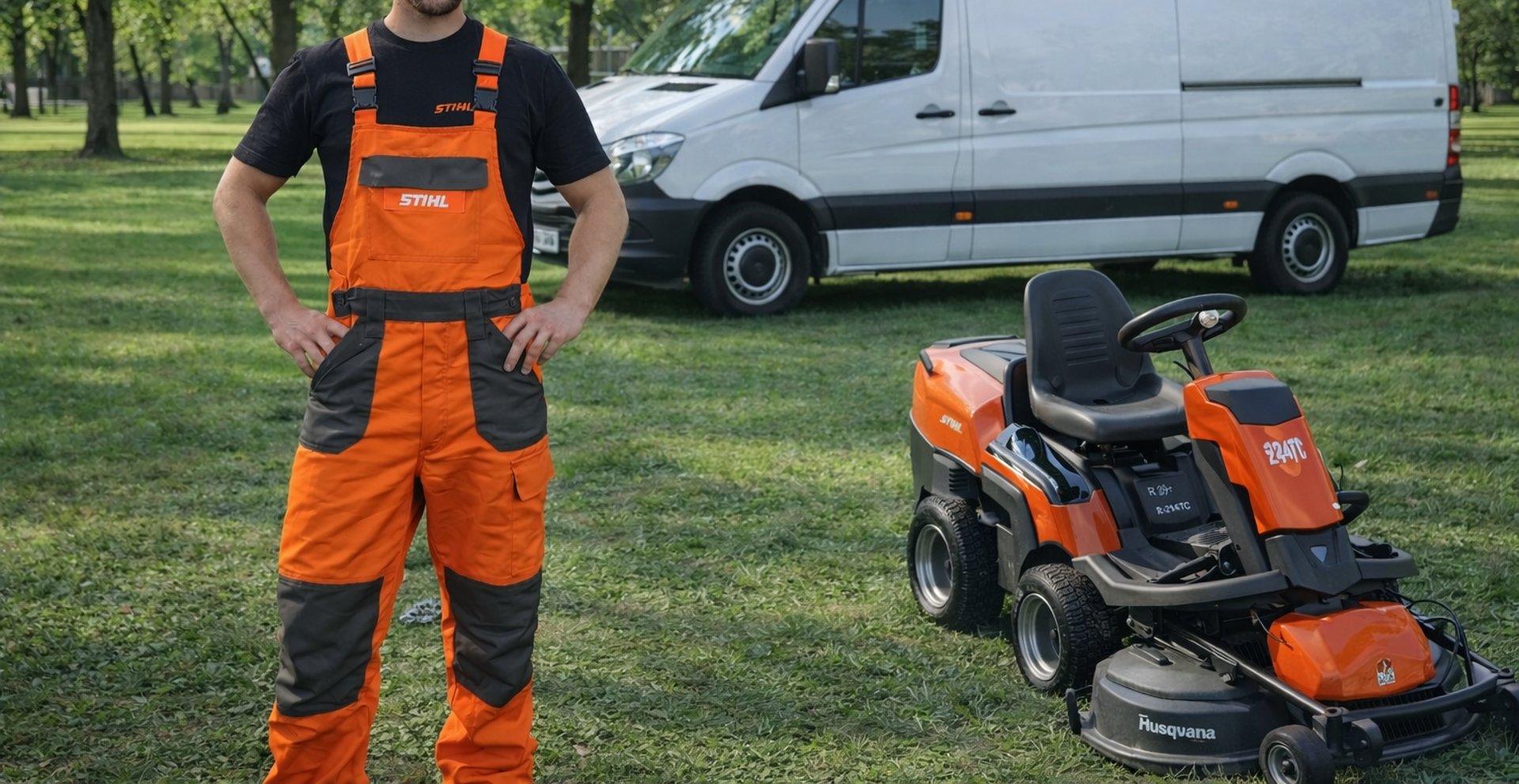 A peaceful park scene with lush trees.