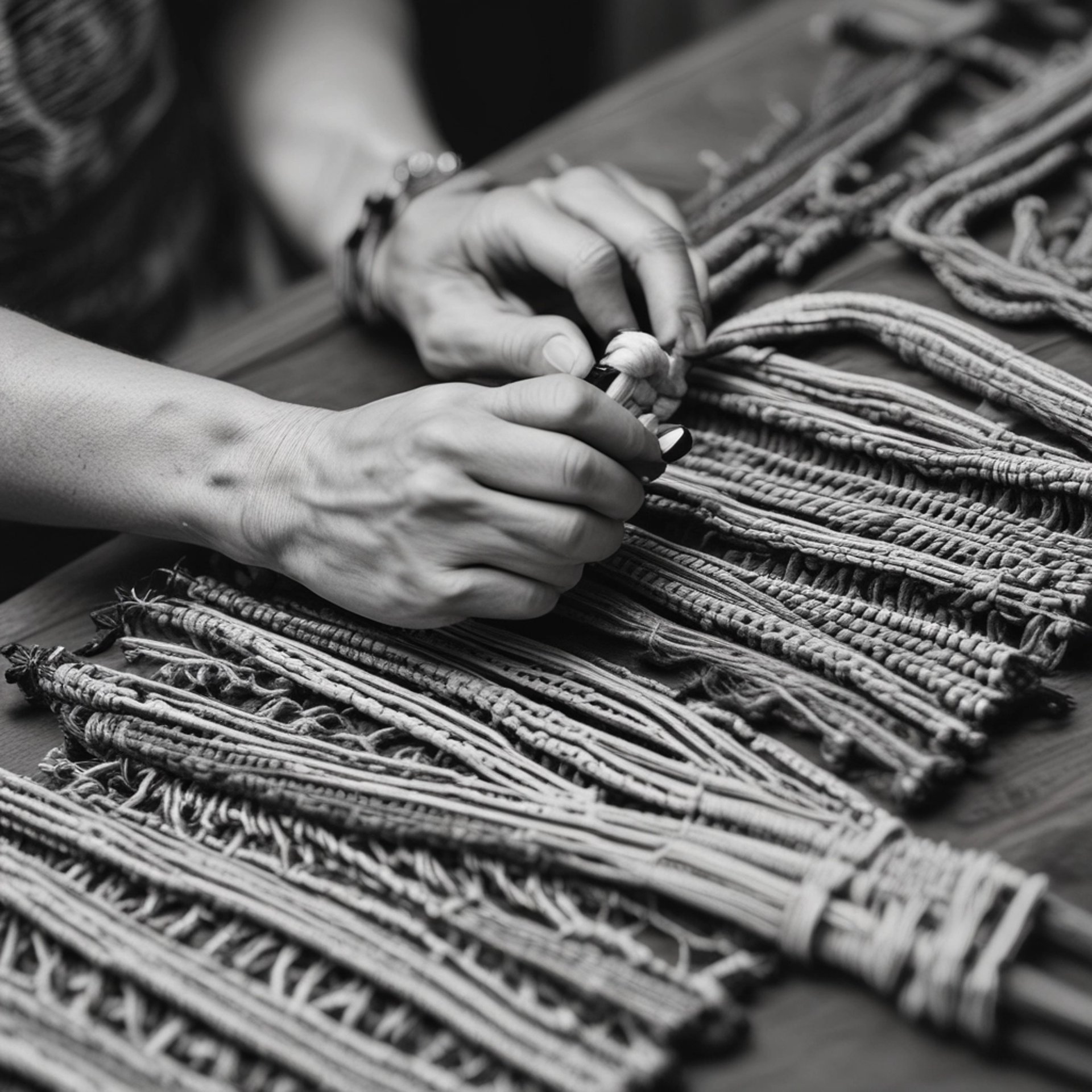 Manos de artesano creando piezas de Macramé 