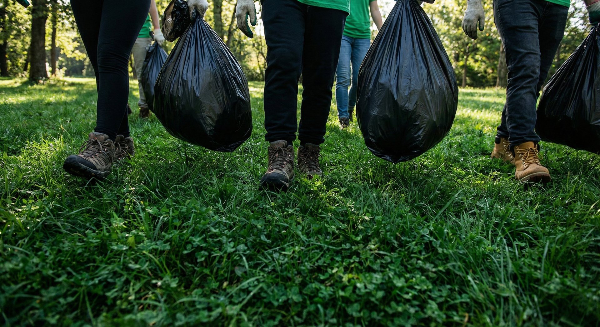 Volunteers cleaning up litter in a forest setting.