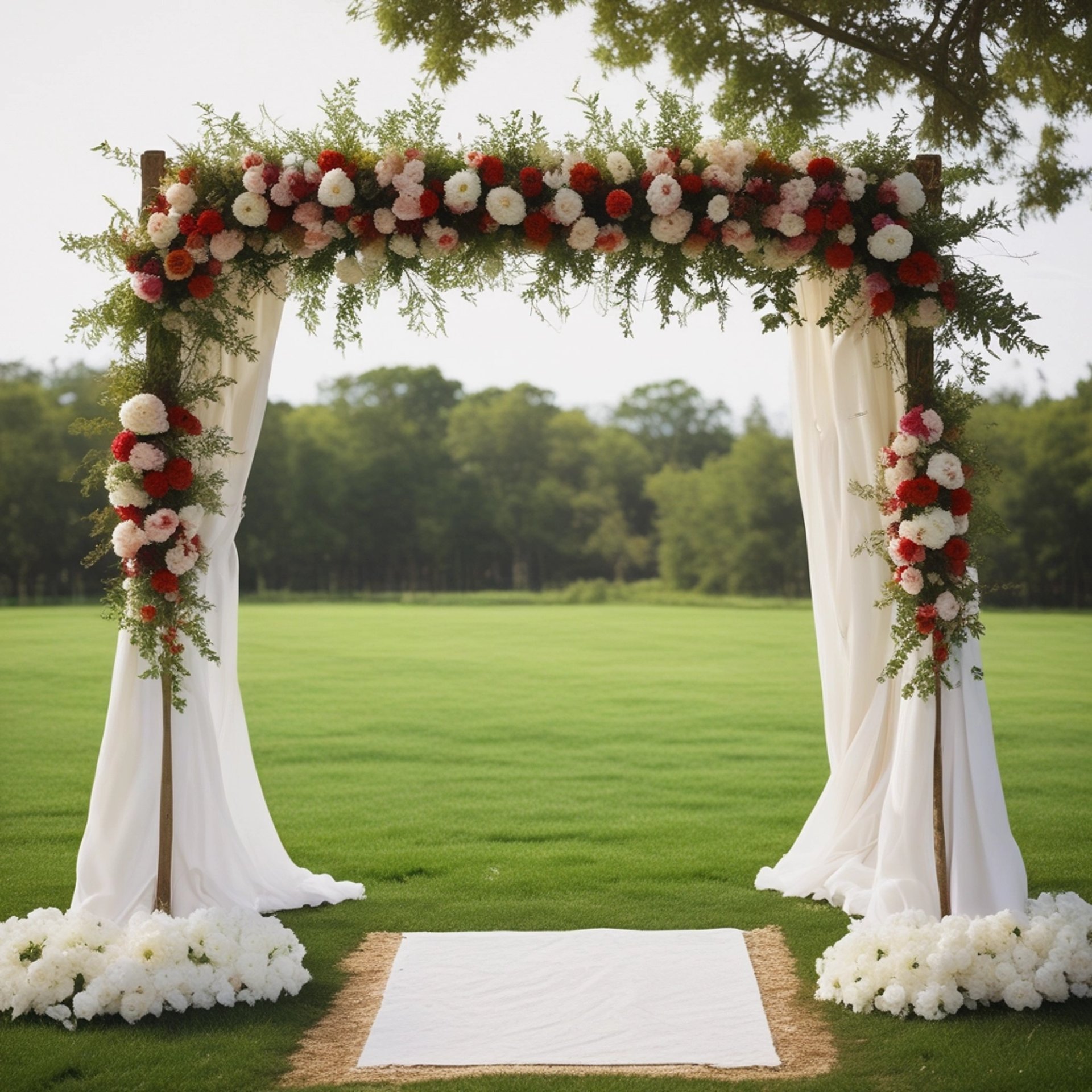 vacant tufted beige loveseat with bouquet of orange rose flowers
