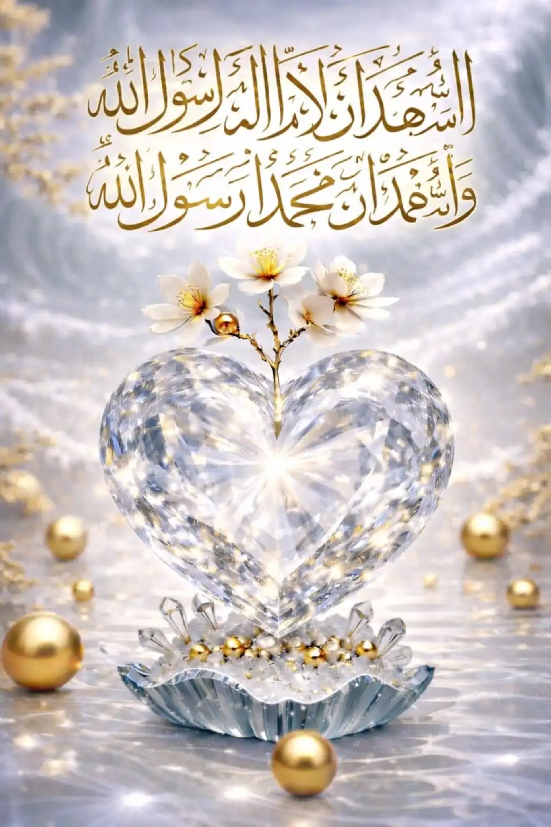 pure diamond heart  pearls white flowers growing from inside, representing spiritual sincerity, inner purity and the Shahada 