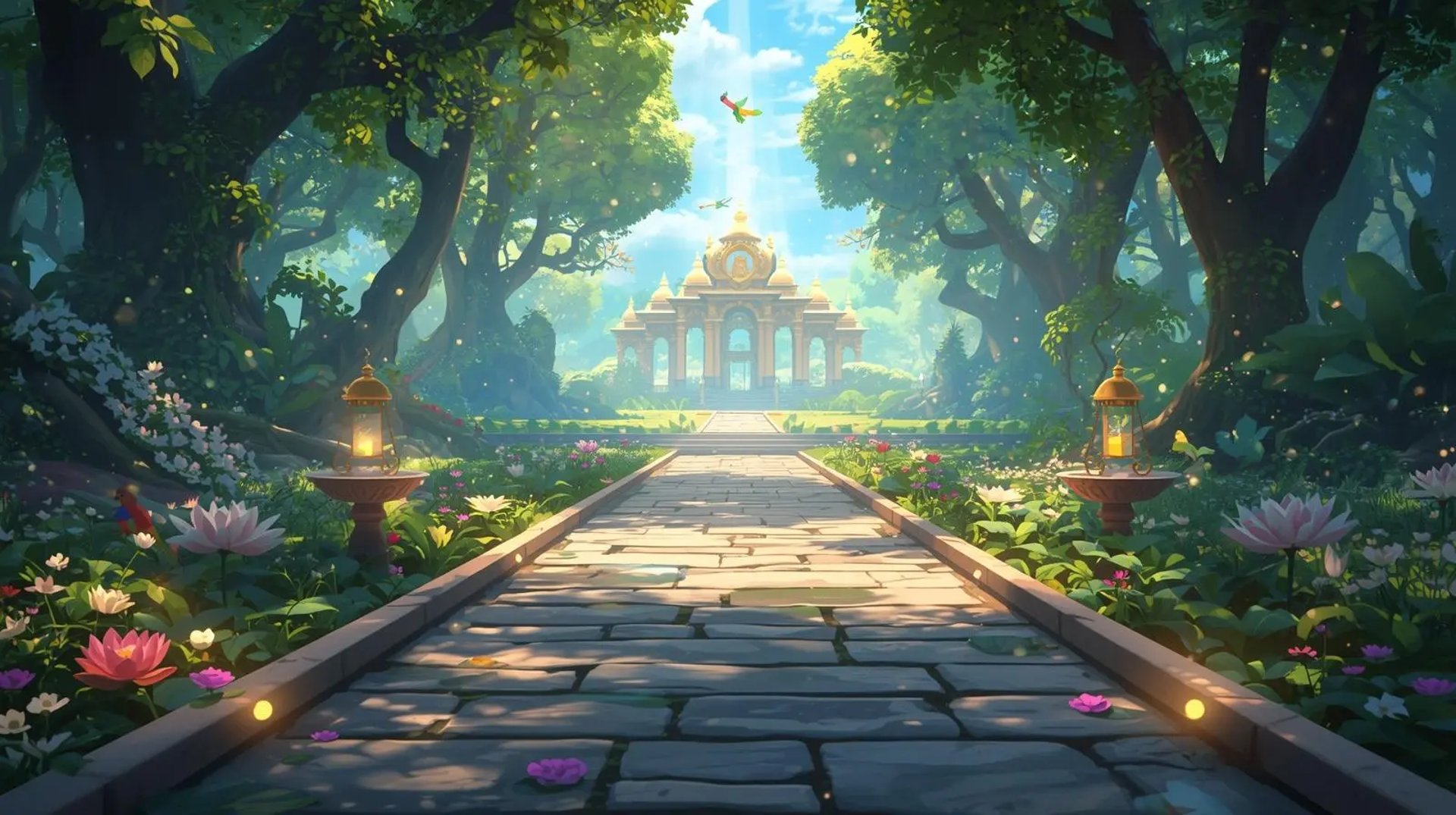 Bright magical forest path leading to a glowing palace with flowers, fountains, and birds