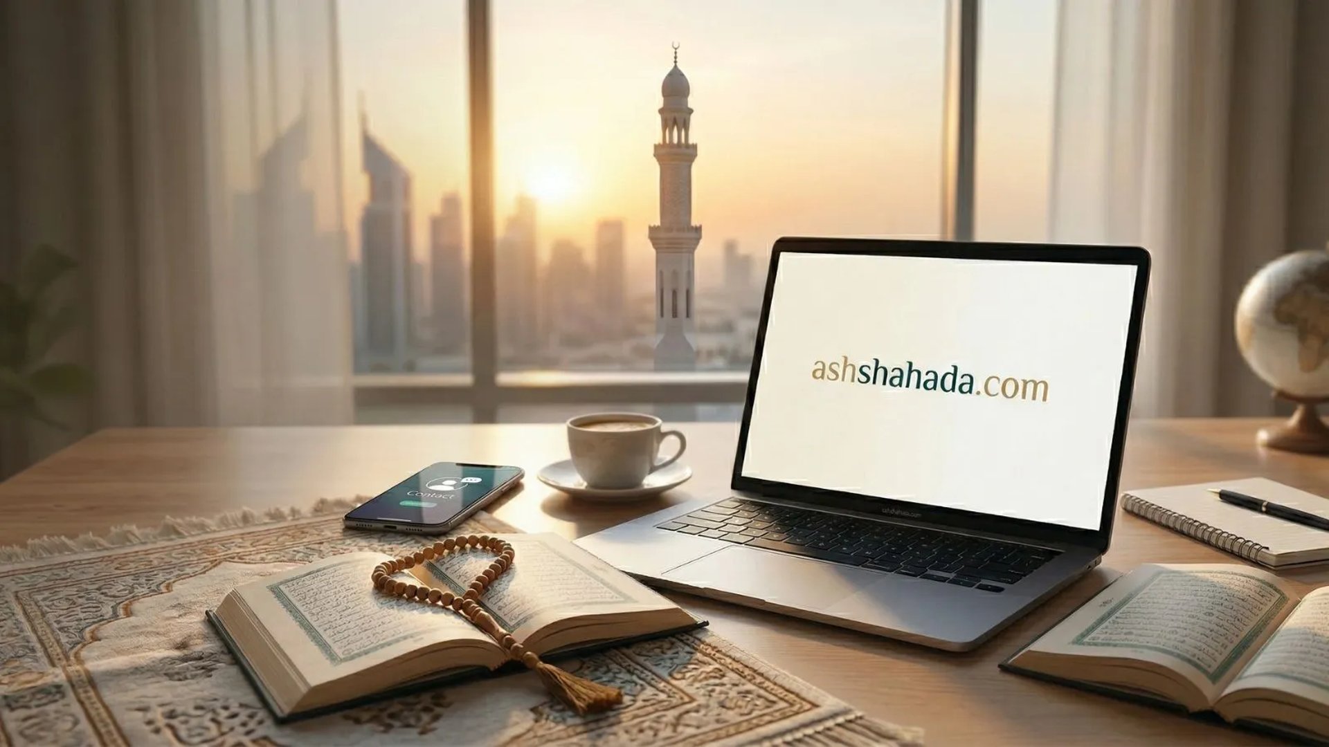 Contact AshShahada : Bureau avec Coran, laptop et vue sur mosquée. Plateforme éducative islamique multilingue
