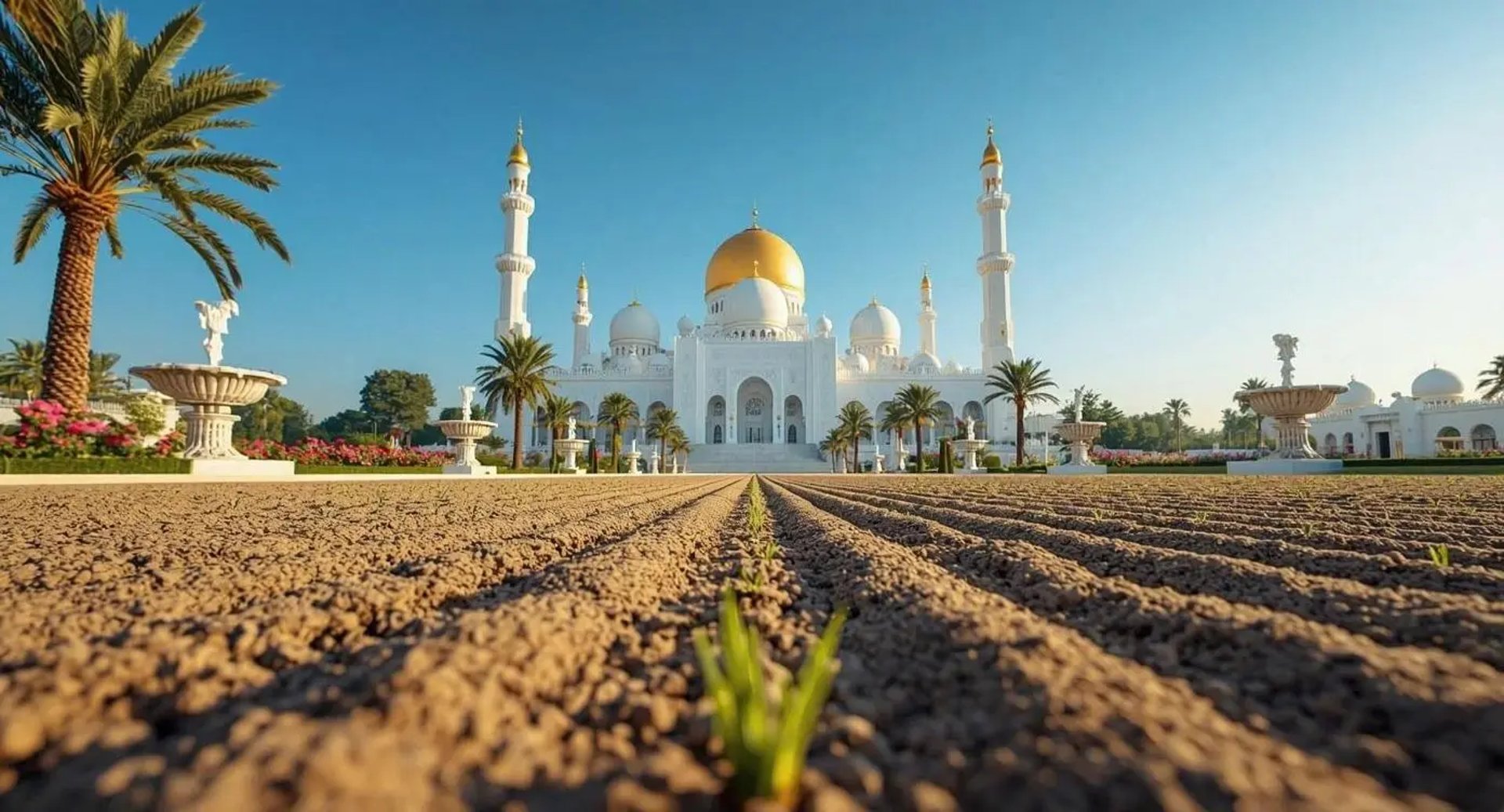 Majestic mosque with fountains and lush green wheat field under bright blue sky symbolizing hope