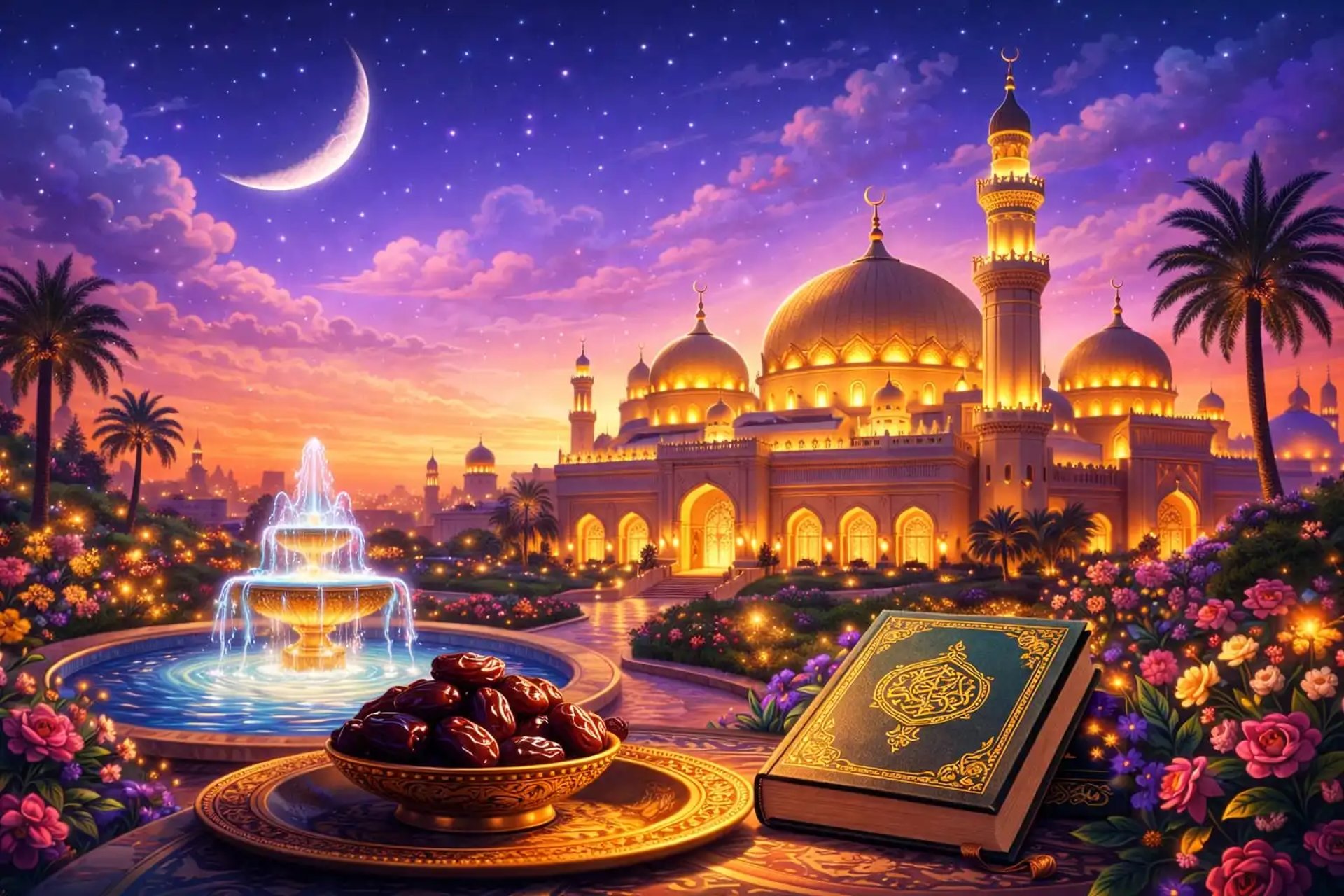 ramadan calandar illustrated mosque palace with fountain, crescent moon, dates and Quran in a colorful Ramadan night garden
