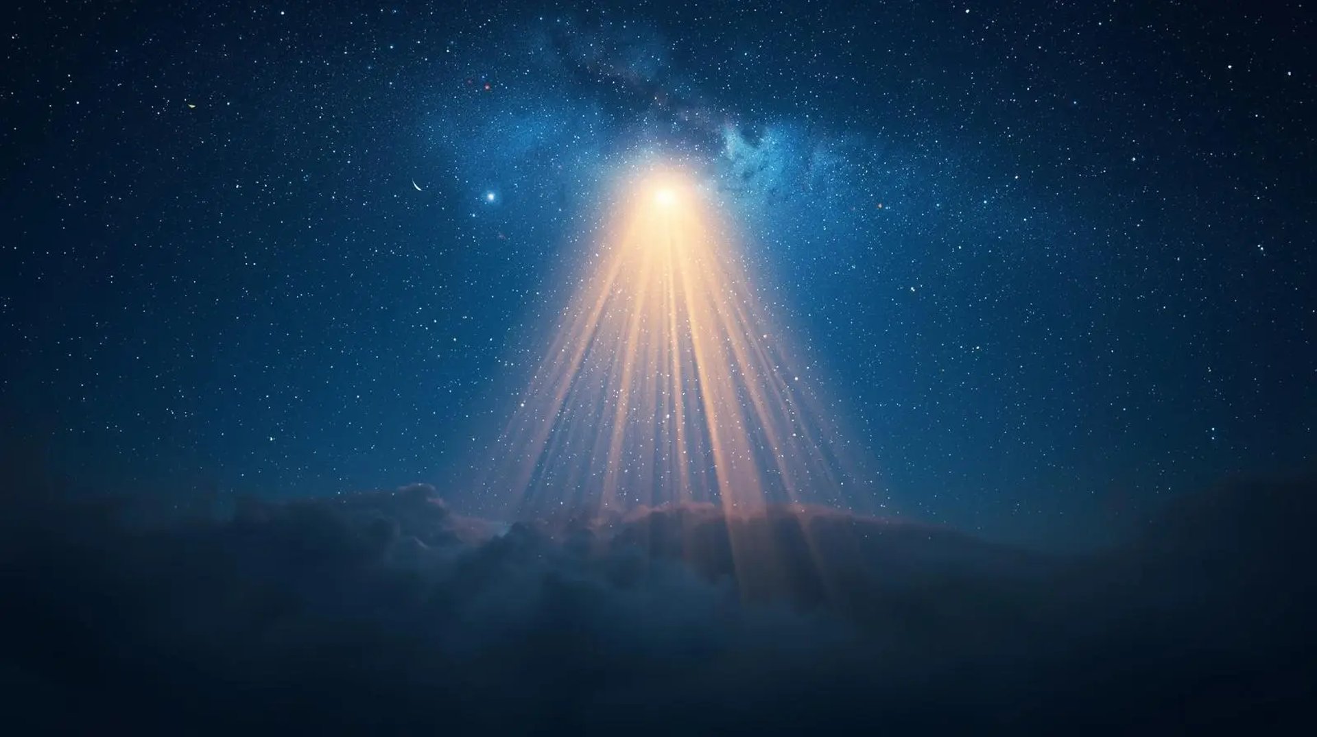 Starry Ramadan sky with crescent moon and heavenly light descending symbolizing mercy and blessings of Laylat al-Qadr