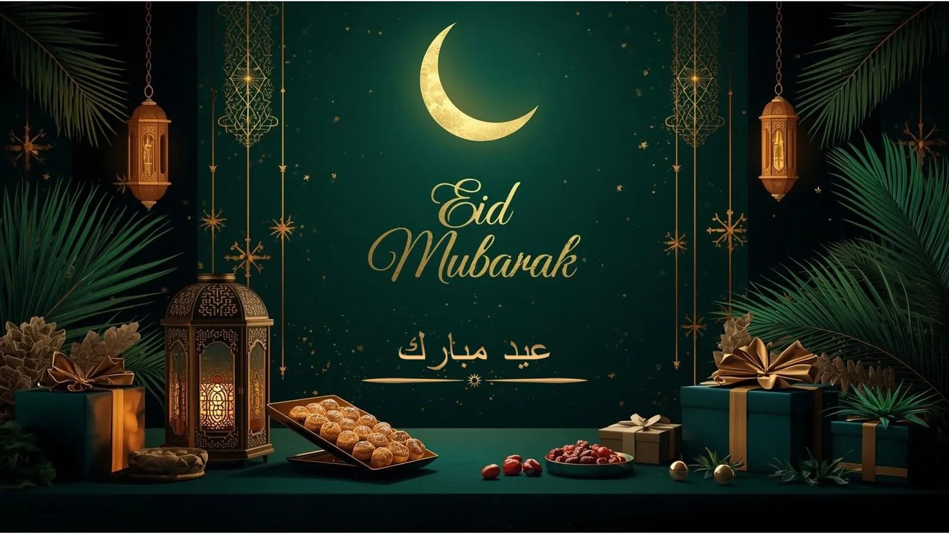 Luxury Eid Mubarak design with golden crescent moon, lanterns, dates, sweets and elegant Islamic patterns on green background