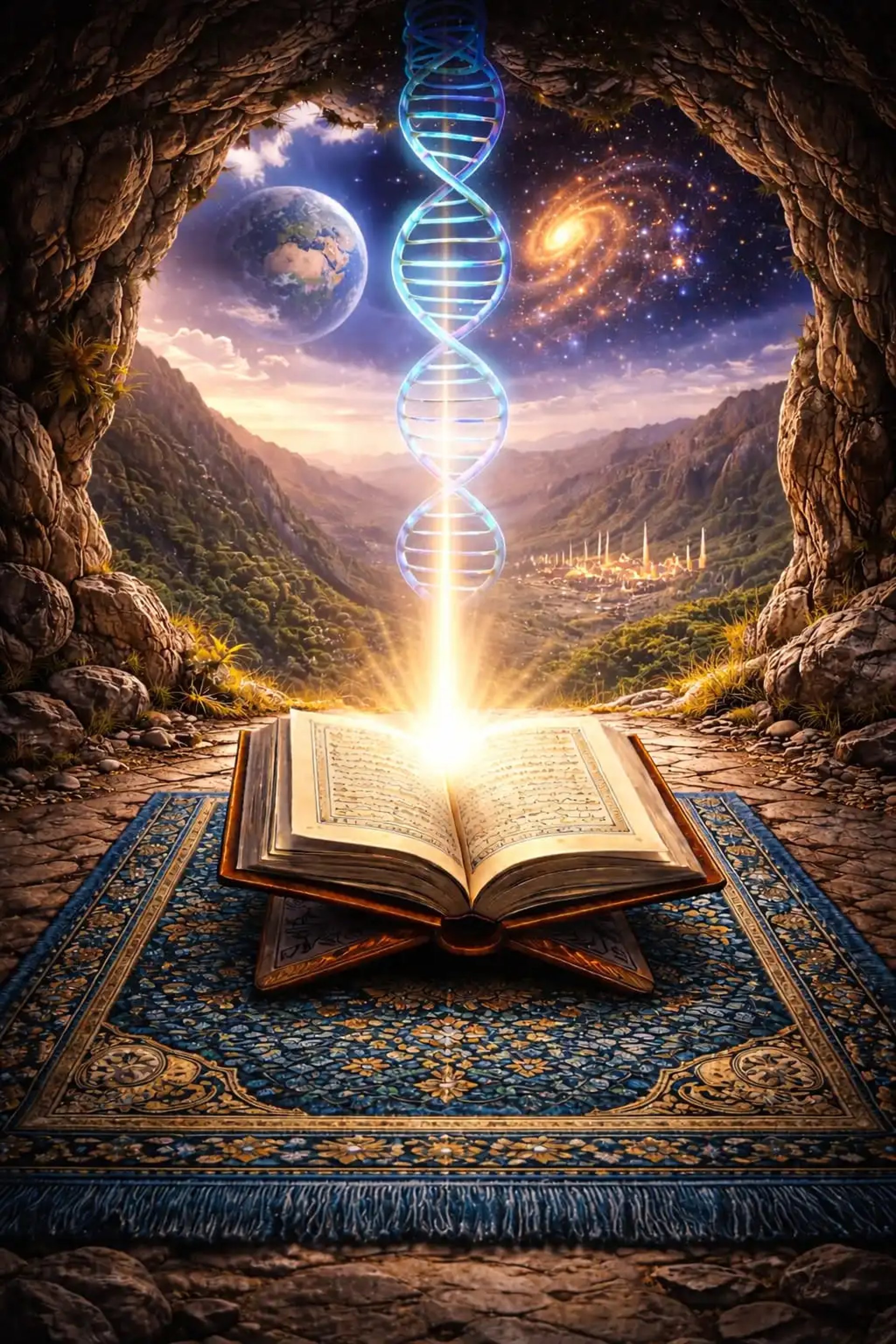 Quran illuminated light DNA, universe  creation, symbolizing revelation, knowledge the relationship Islam and science