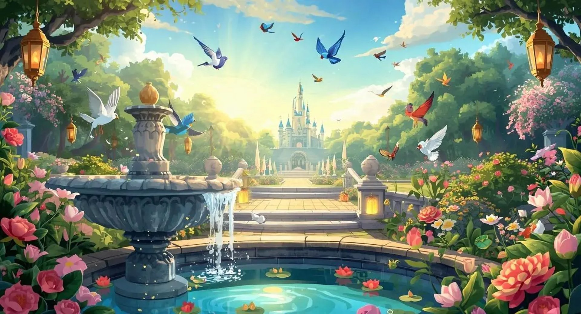 Fairytale castle beyond a grand fountain garden with colorful birds, flowers, and golden sunrise light