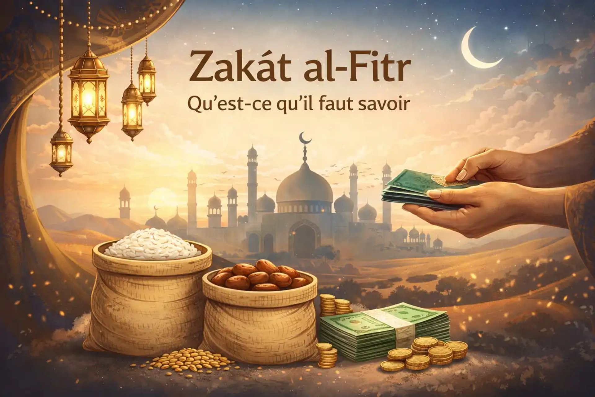 Illustration de la Zakat al-Fitr avec nourriture, pièces et mosquée au coucher du soleil la charité de l’Aïd el-Fitr.