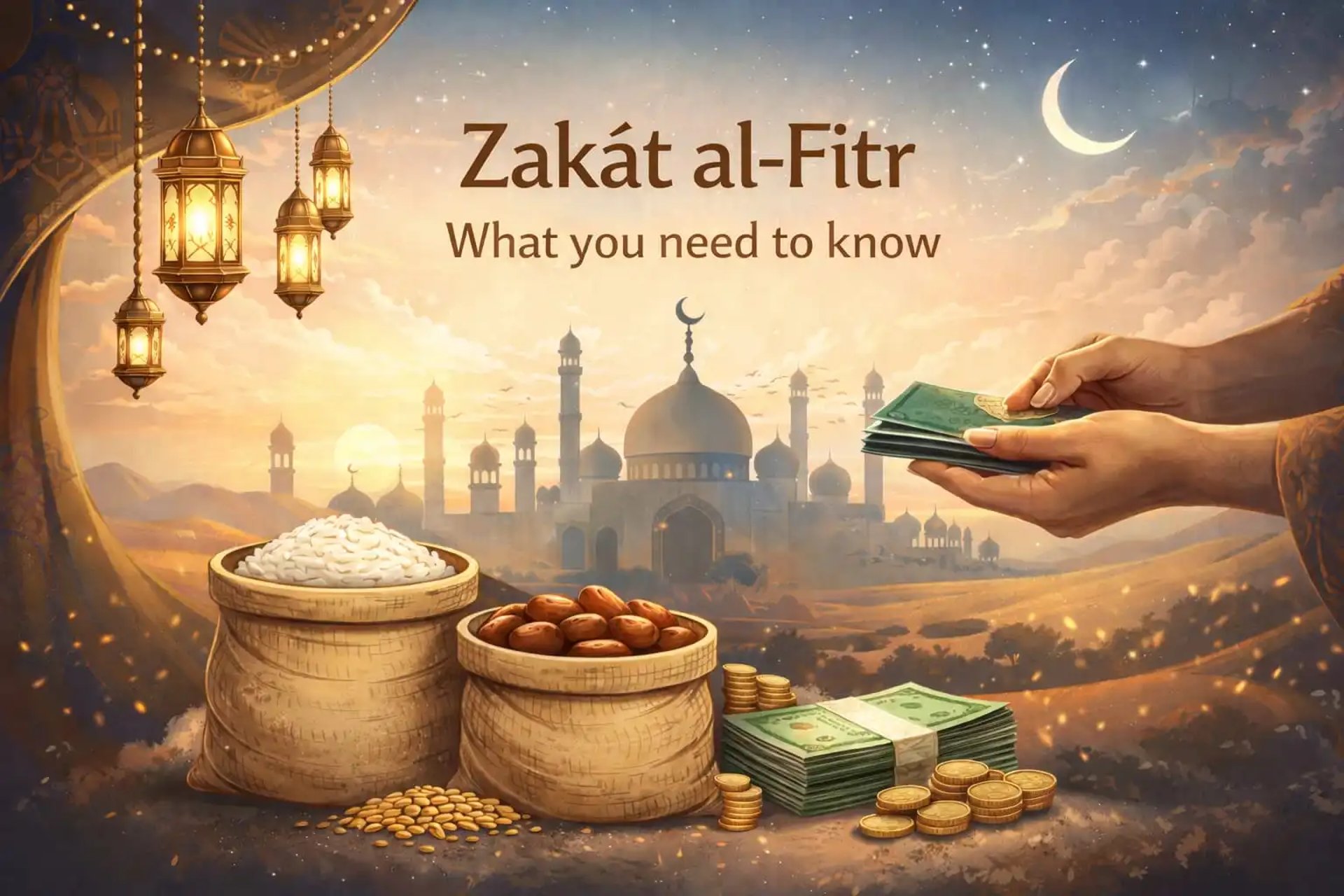 Zakat al-Fitr illustration with grains, dates, coins and mosque representing charity given at the end of Ramadan