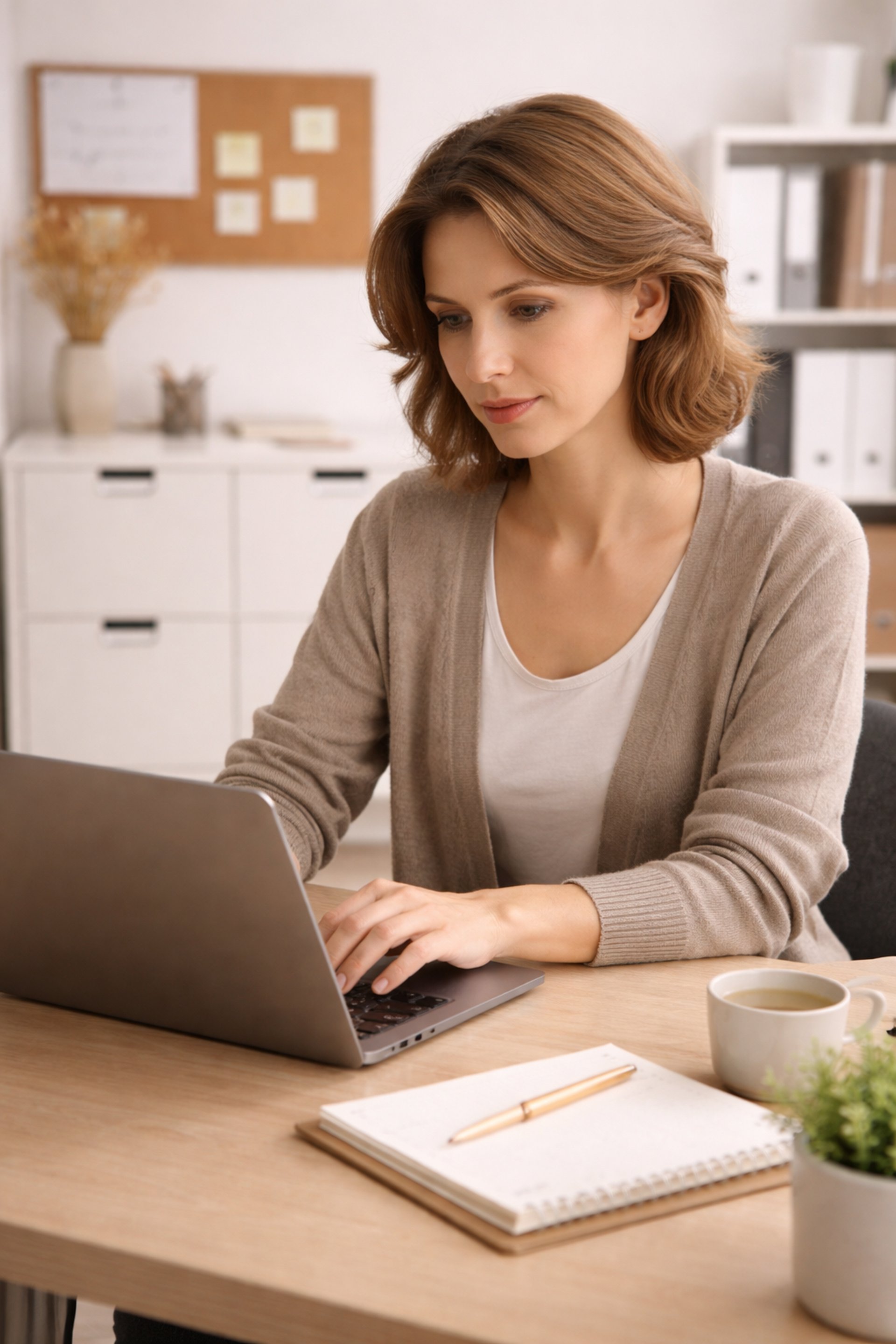 Woman working on laptop with man behind her