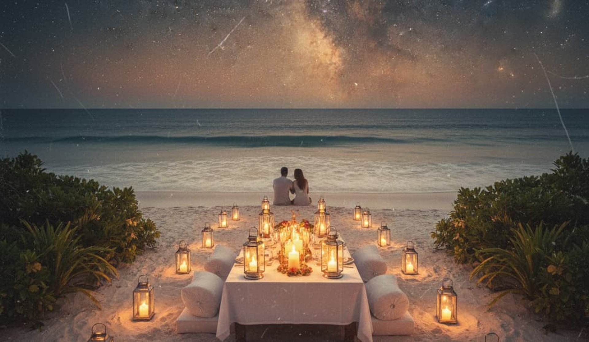 Andaman trip details - A soulful candlelit dinner on a white sand beach under a starry Milky Way sky.