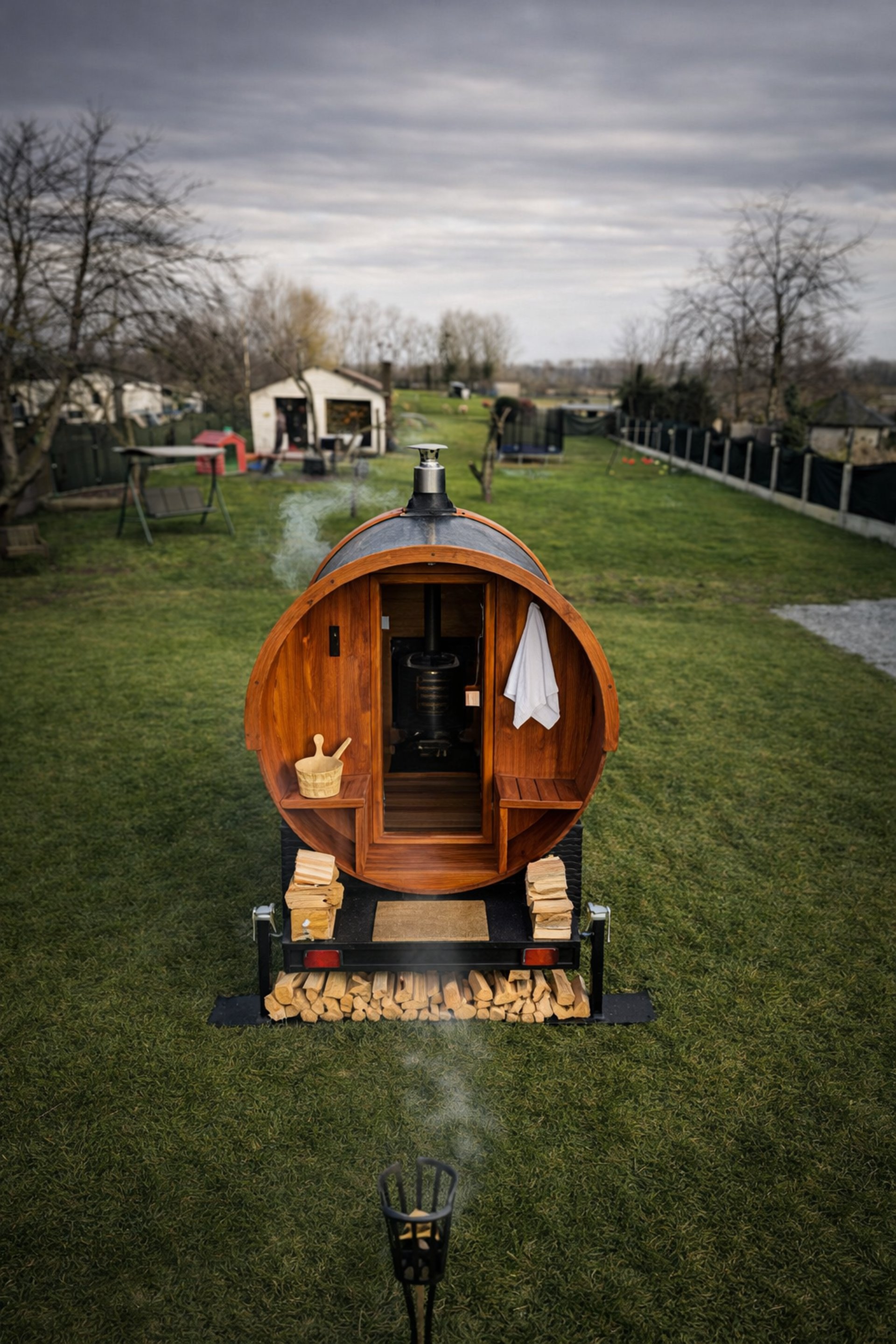 Barrelsauna aan huis met warme houtafwerking
