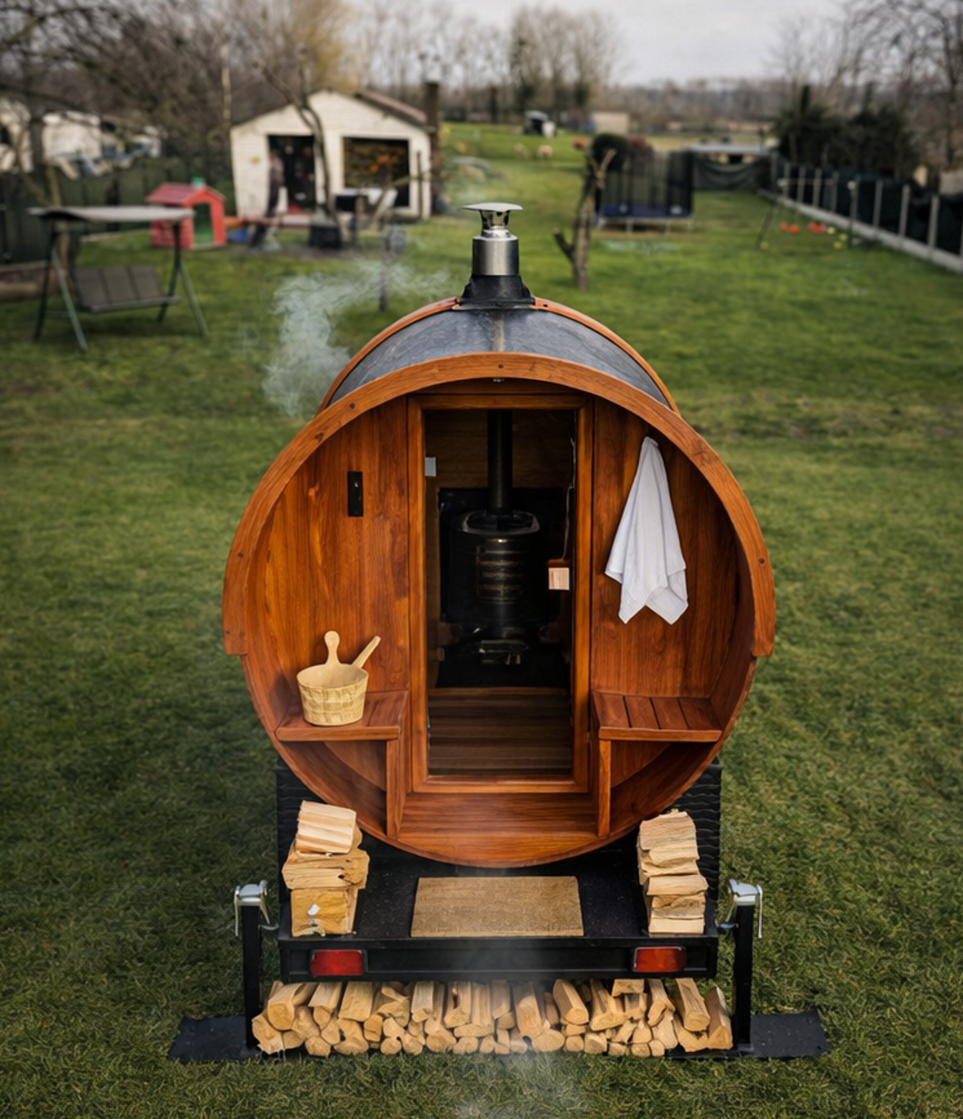 Wooden sauna interior with a stove and large window.