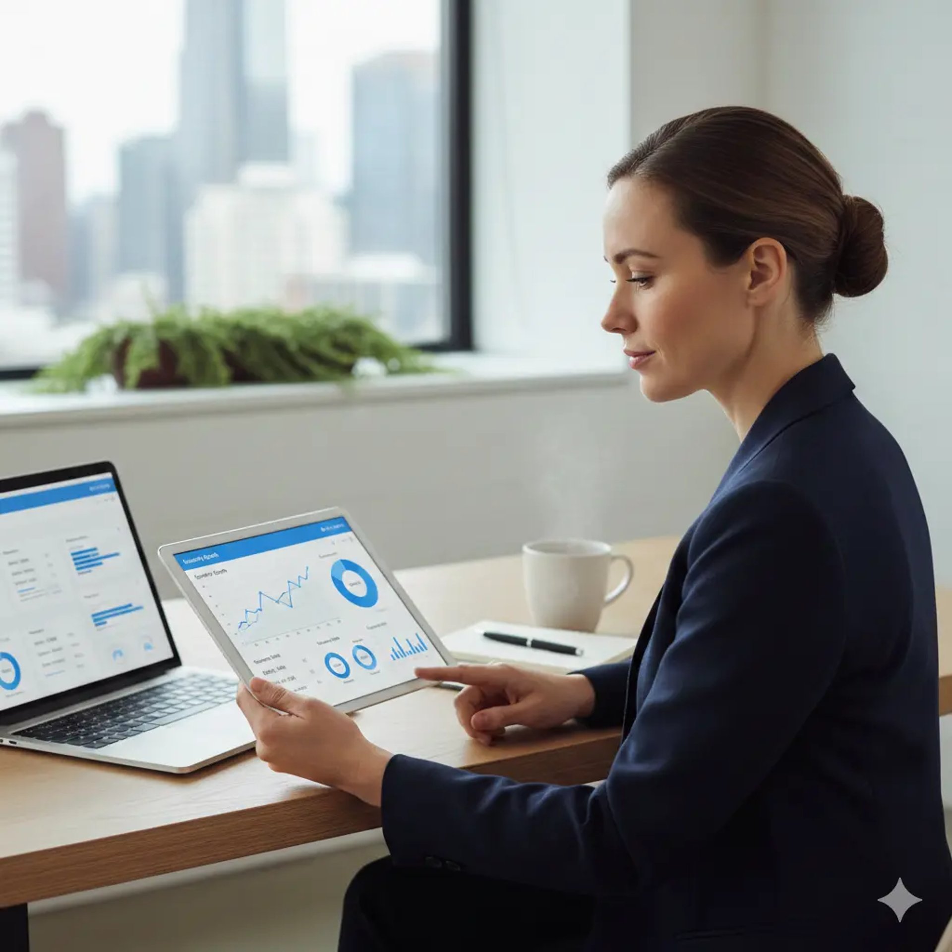 Mujer profesional analizando métricas de crecimiento y gráficas financieras de Viventis