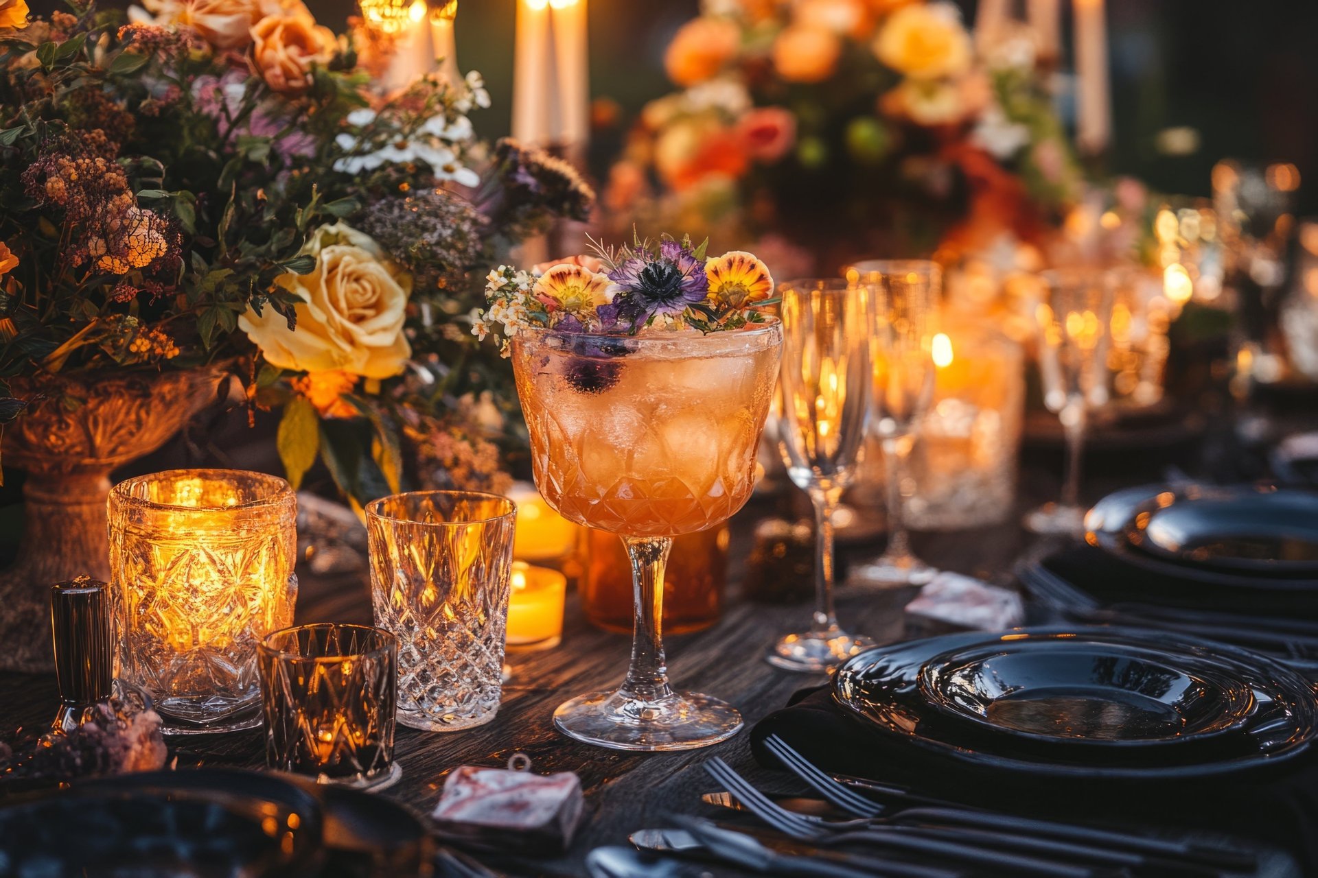 A long wooden table adorned with white flowers