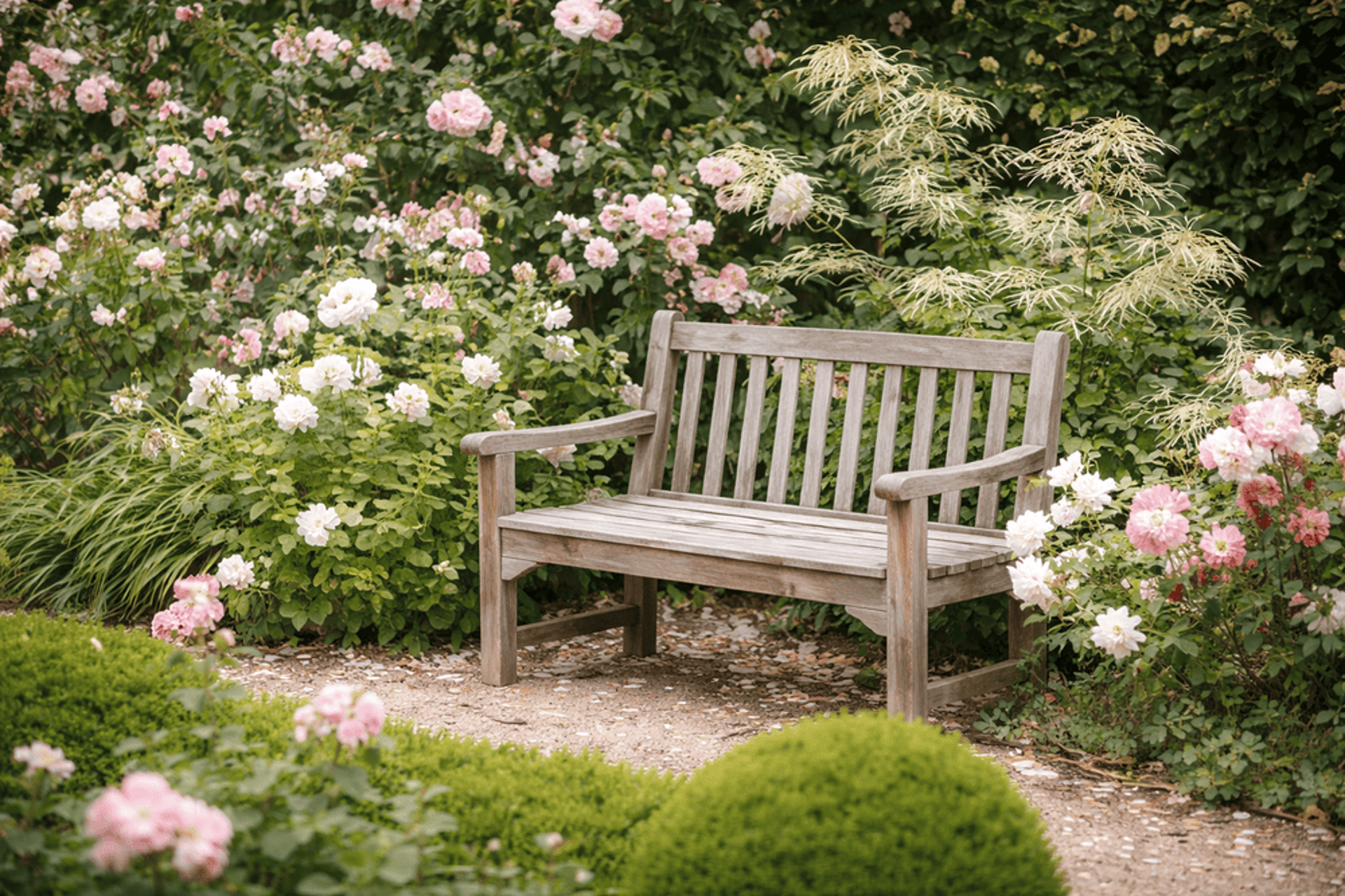 Jardín con pasto, rosas blancas y rosadas que rodean una banca vintage de madera