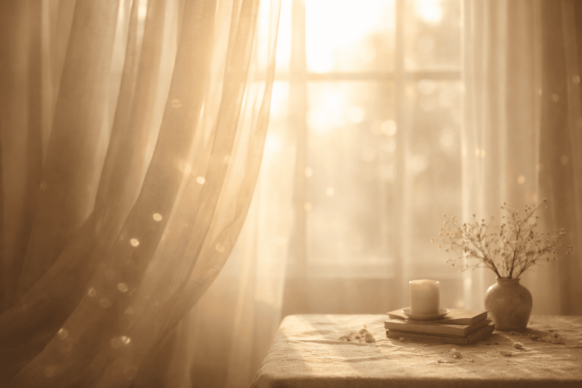 Luz dorada del atardecer entra por una ventana con cortinas largas y frescas, iluminando una mesa con un florero vintage