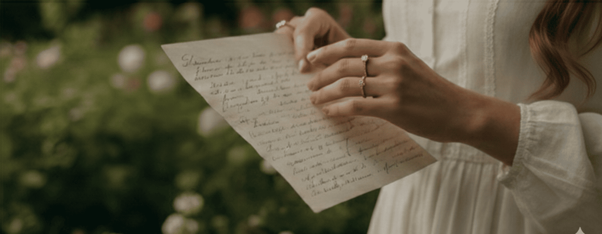 Mujer joven con anillos elegantes sosteniendo una carta escrita a mano en un jardín
