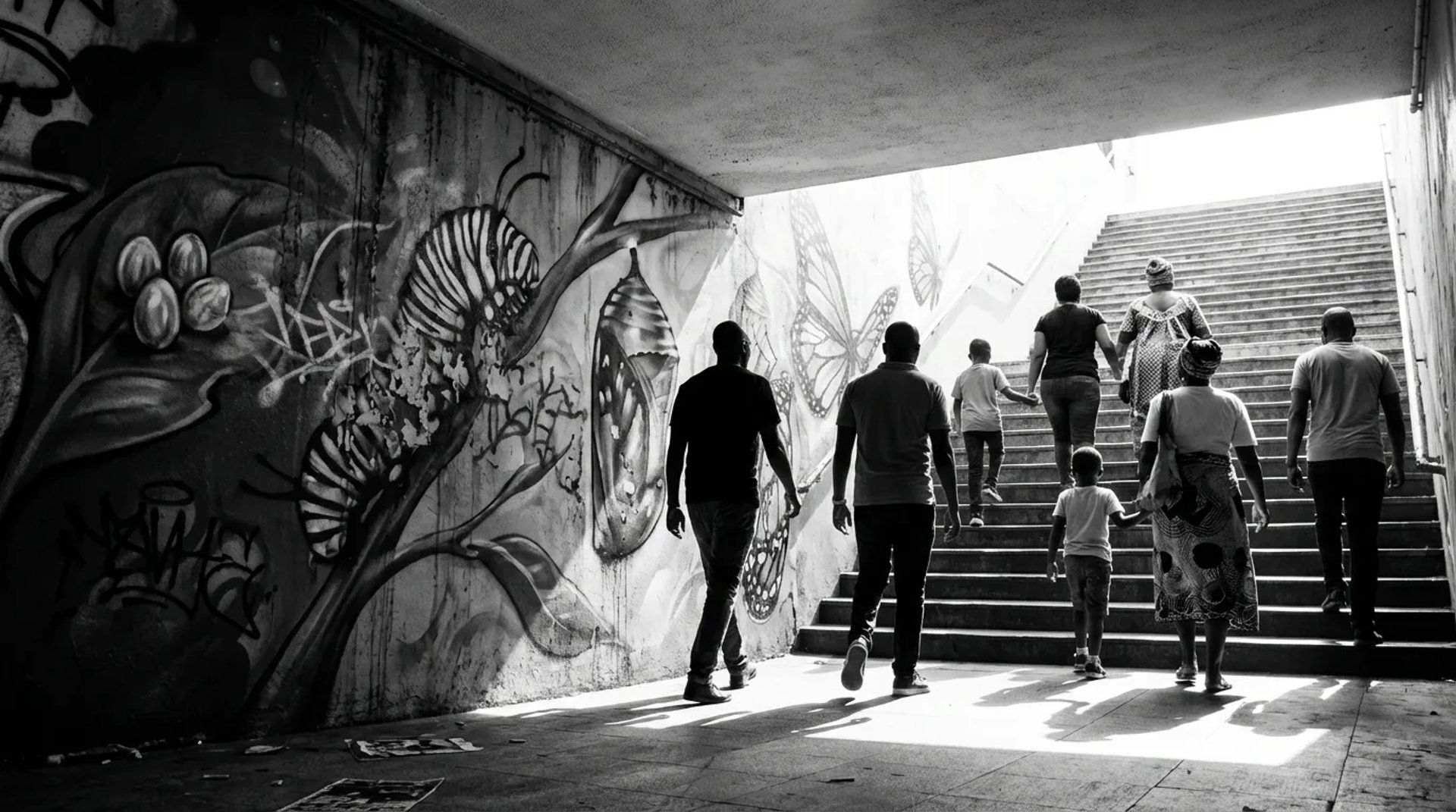 a stairway leading up to a light at the end of a tunnel