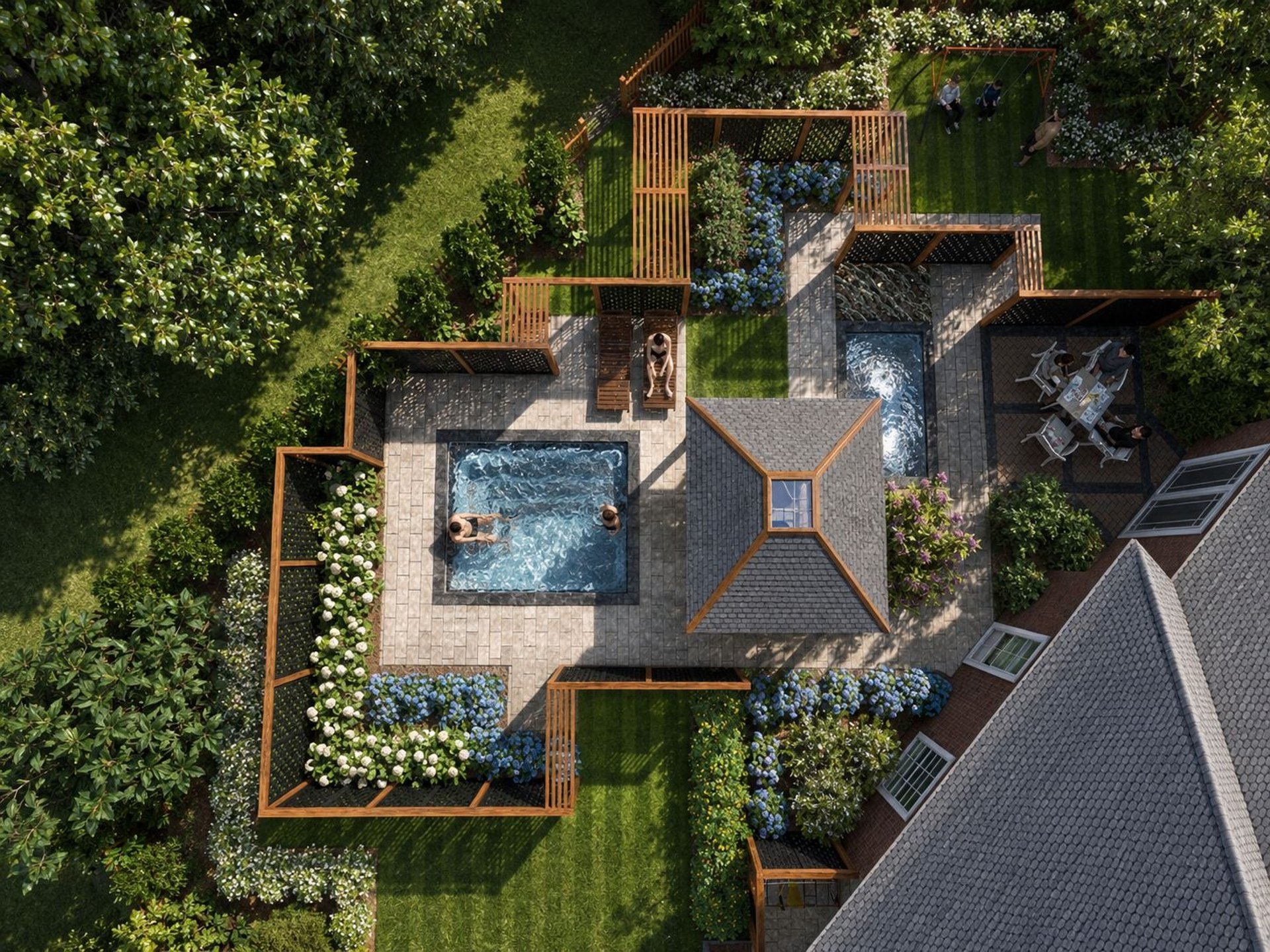 Toronto backyard landscape design with pool, cabana, pergola screens, stone patio, and garden planting by KT Landscape Design