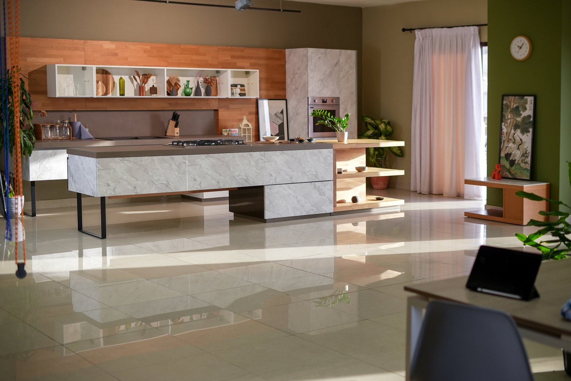 an abstract photo of a curved building with a blue sky in the background