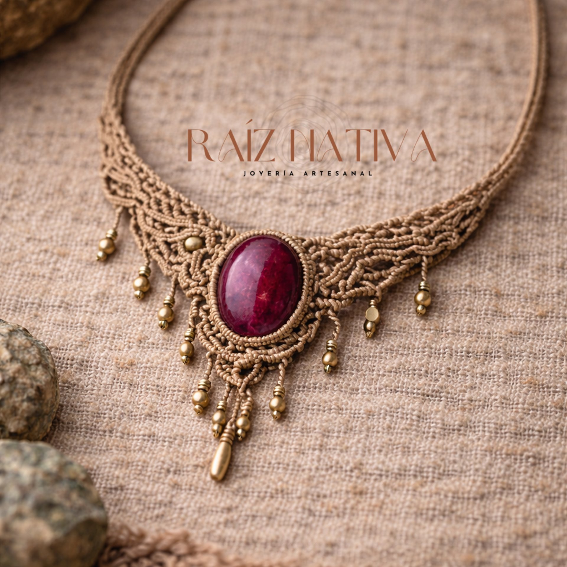 "Collar artesanal de macramé con piedra roja y cuentas doradas, joyería boho hecha a mano en México.