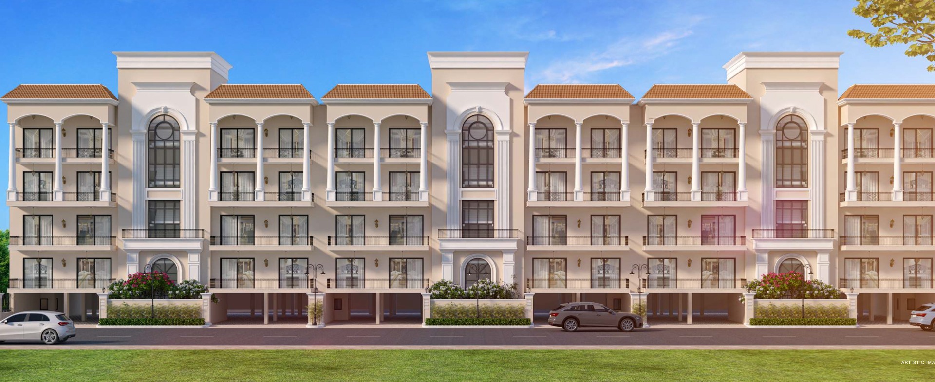 an abstract photo of a curved building with a blue sky in the background