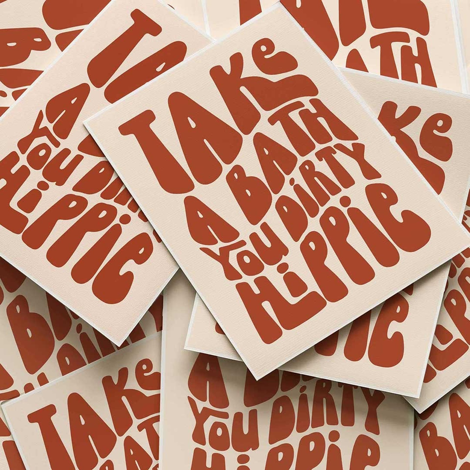Take A Bath You Dirty Hippie funny bathroom wall art with bold retro typography