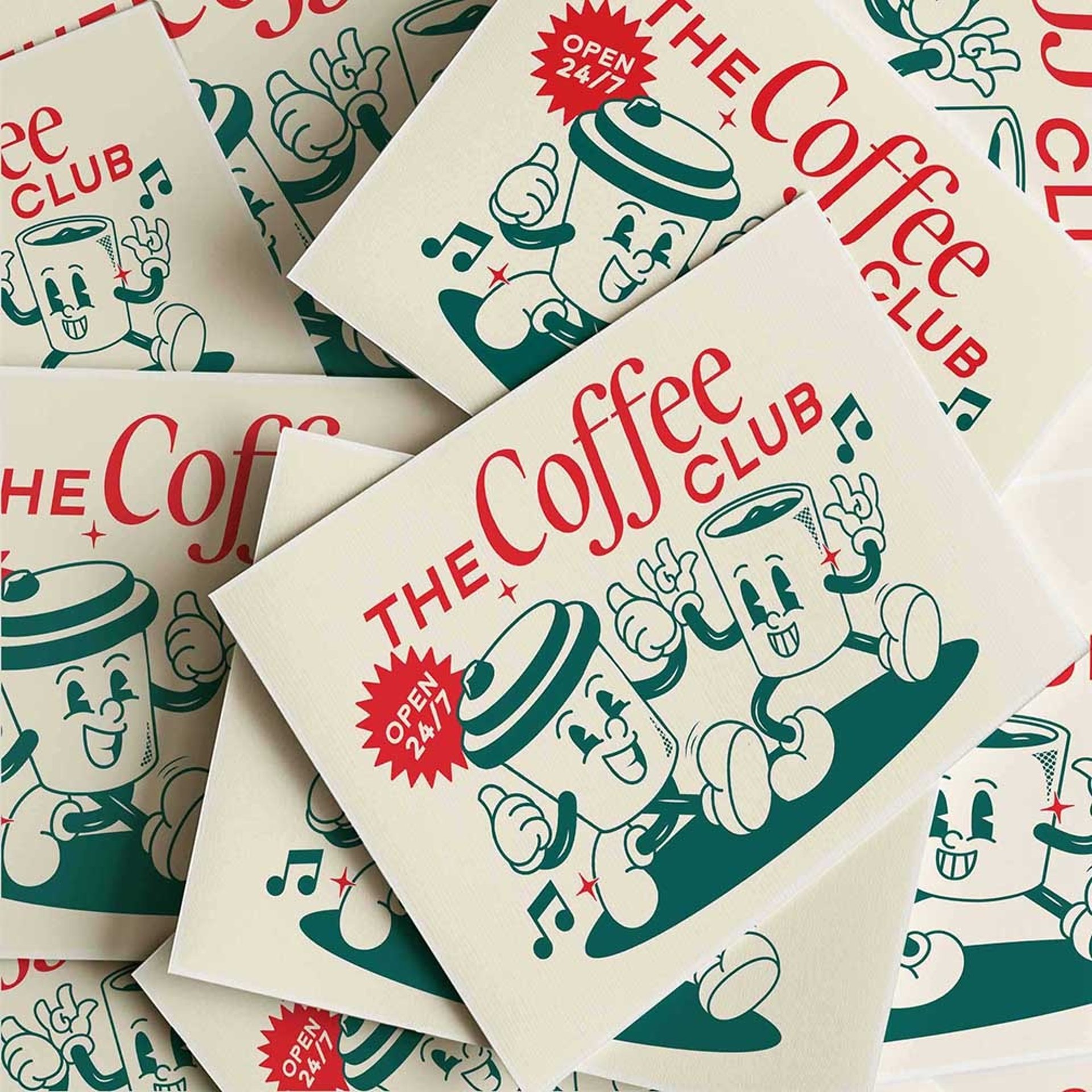 The Coffee Club retro kitchen wall art with vintage coffee cup character illustration