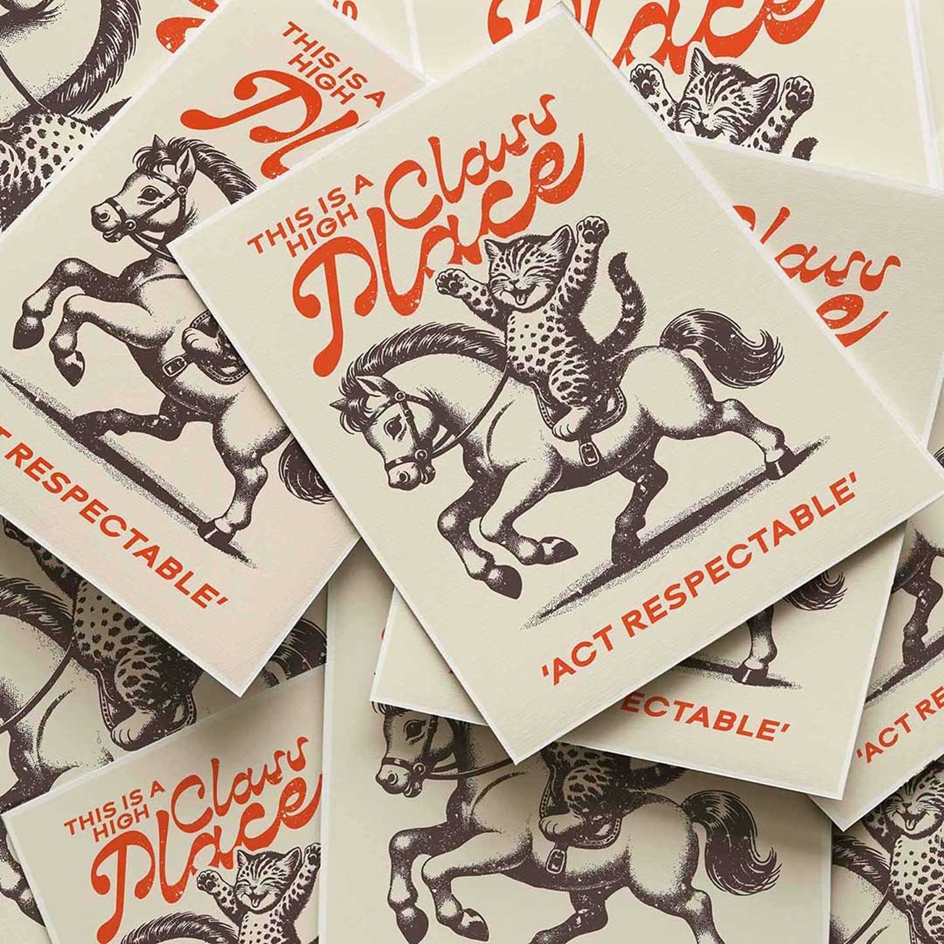 Funny This Is A High Class Place cat wall art featuring vintage kitten riding a horse with playful retro typography