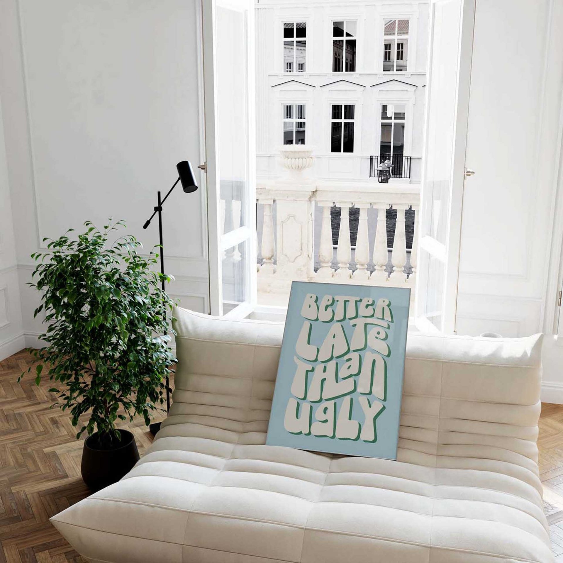 Better Late Than Ugly retro typography wall art in soft blue and cream tones